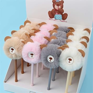 Kawaii Pens Cute Cartoon little Bear Fluffy Pompon Gel Pen for School Office Kids Writing Stationery Supplies 8Pcs
