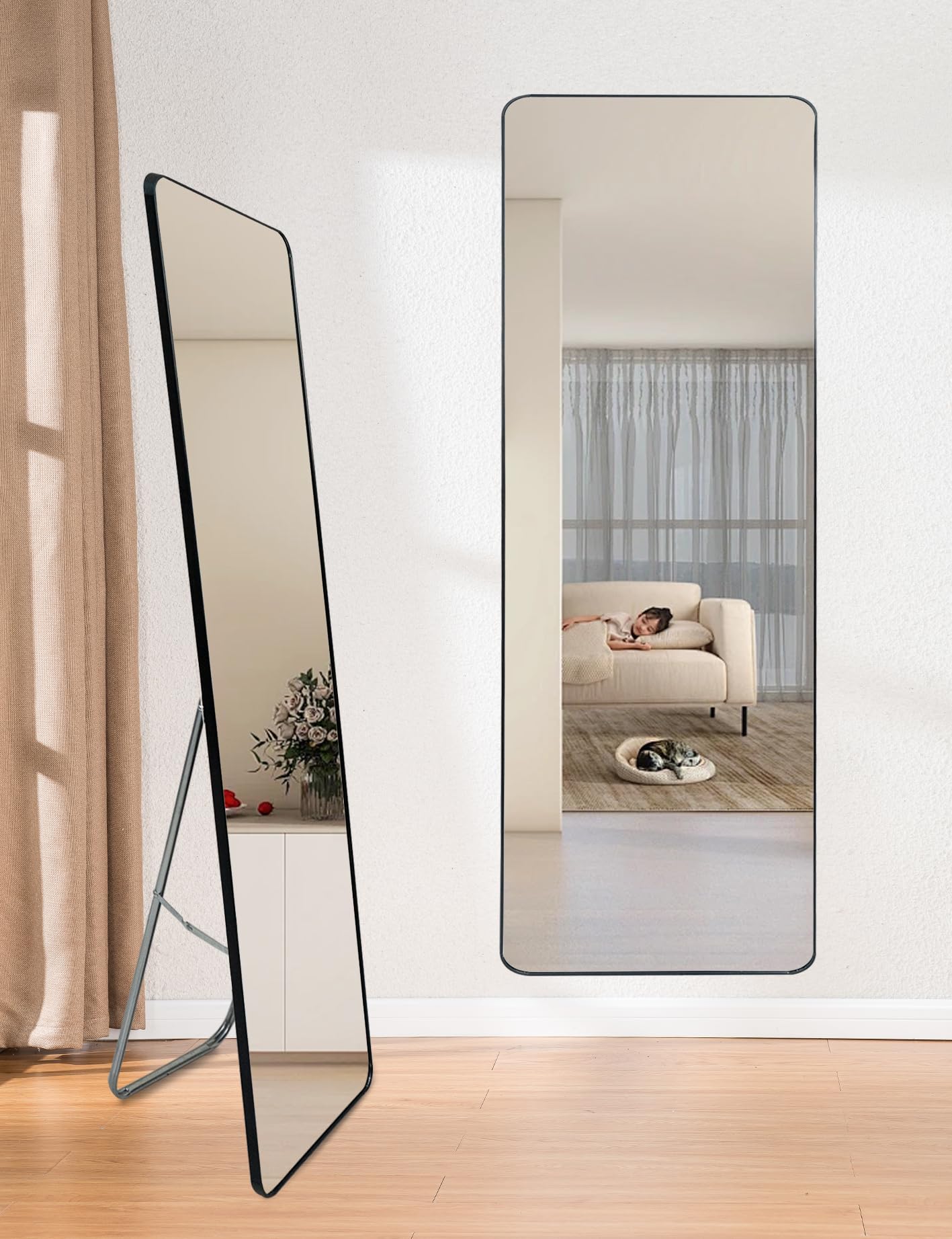 Full Body Mirror Full Length Mirror, Hanging Vertical Or Inclined Floor Mirror (With Bracket), Bedroom Mirror, Wall Mounted Mirror, Vanity Mirror (Black, 151 * 41CM)