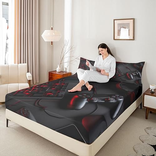 Miniatura 2 de Juego de ropa de cama para videojuegos, tamaño Queen, para niños, adolescentes, niños, color negro y rojo, sábana bajera ajustable con estampado de