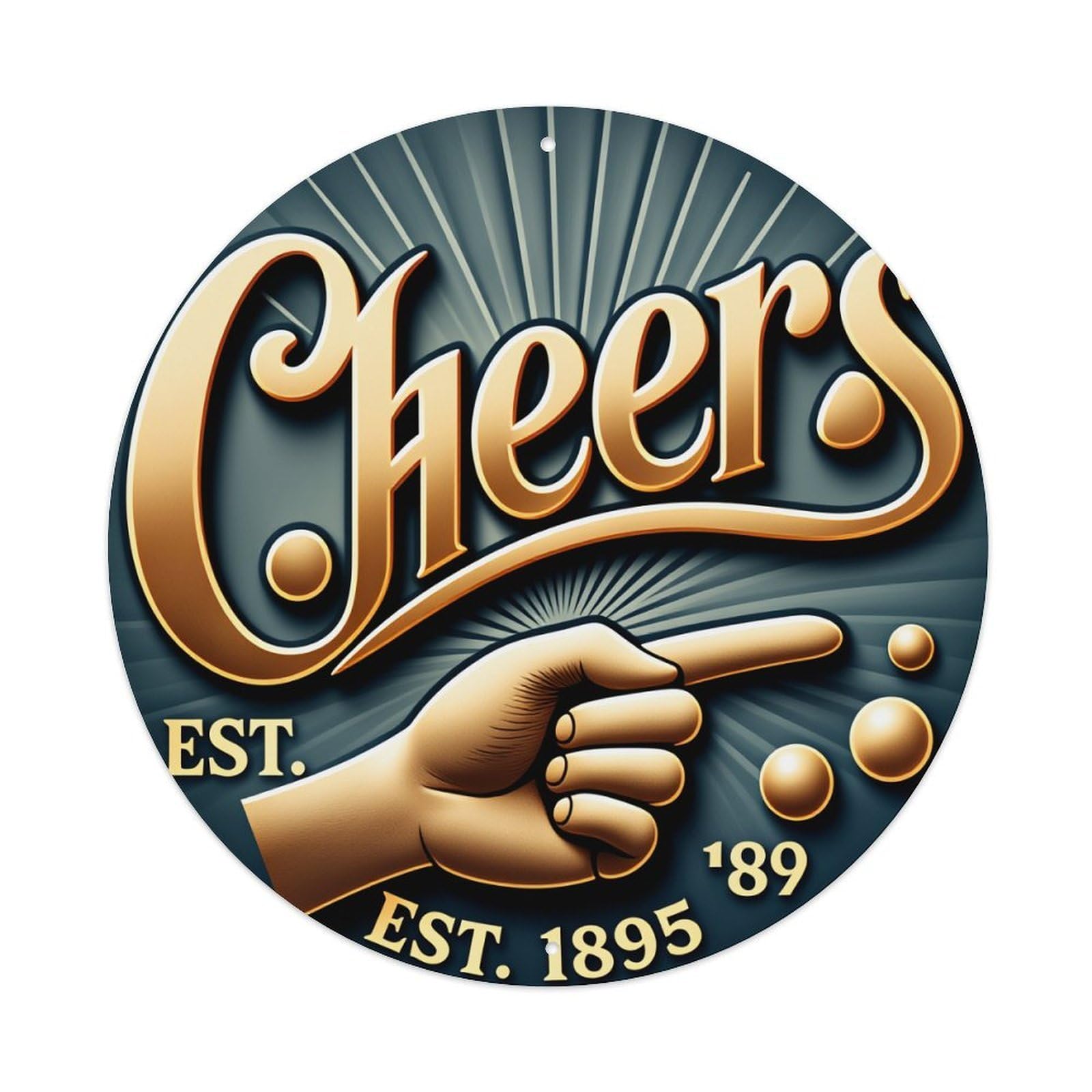 Cheers Hand Pointing Gold Sunburst Round Tin Sign Vintage Metal Poster Retro Bar, Home, Man Cave, Kitchen, Laundry Room Wall Art Decor Gift 8x8Inch