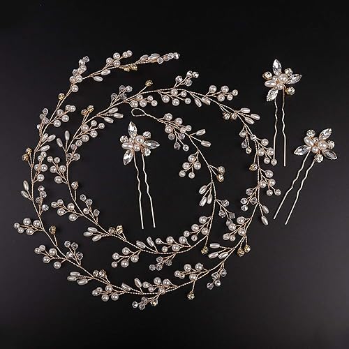 Miniatura 4 de Denifery - Diadema para novia, color oro rosa y plata, extra larga con perlas y perlas de cristal. Enredadera para cabello de novia, accesorios de