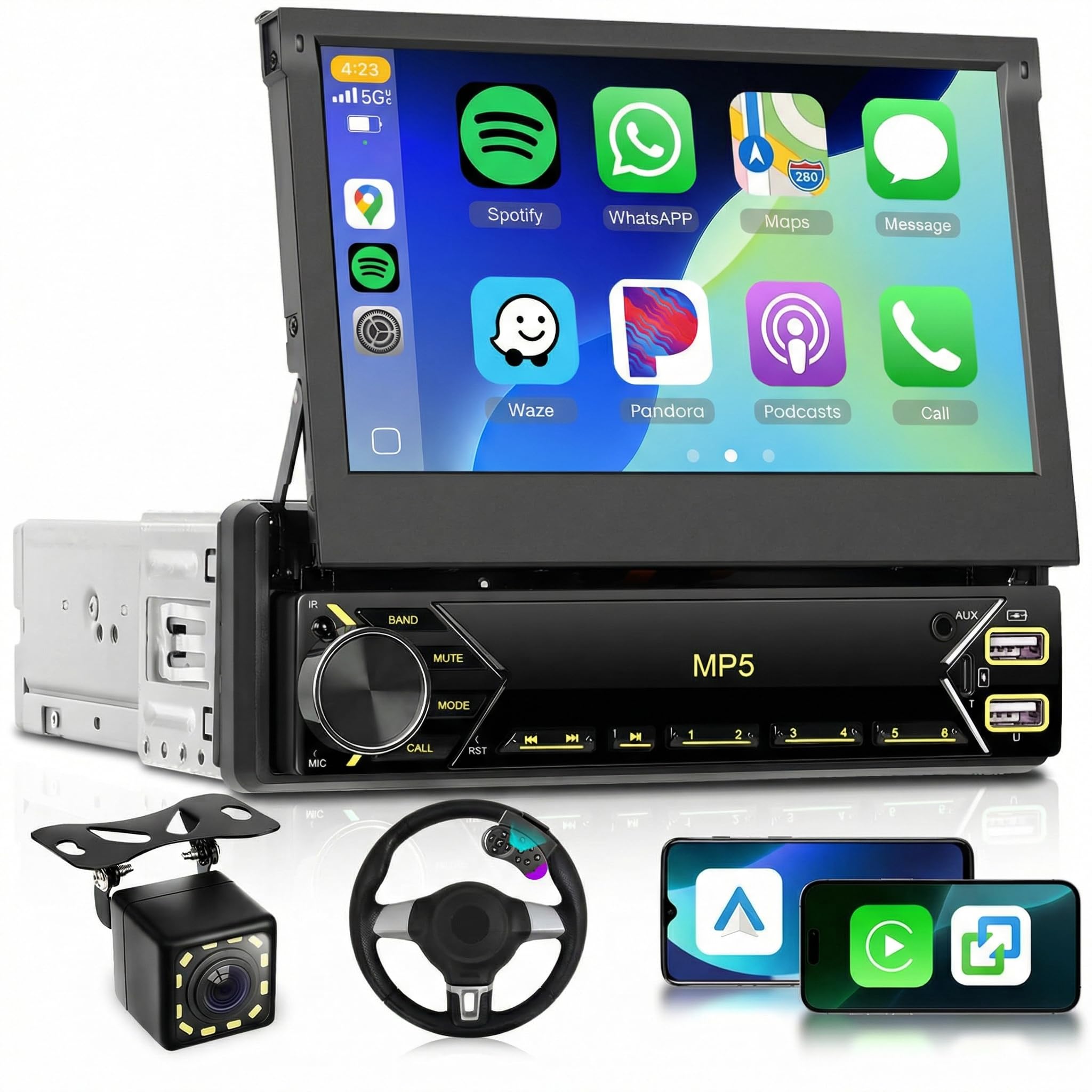 Single Din Car Stereo with Wireless Carplay Android Auto,Sellrich 7 inch Flip Out Touch Screen Bluetooth Car Radio with YouTube Mirror Link FM Dual USB/AUX/Type-C Ports External Mic SWC Backup Camera-image-15