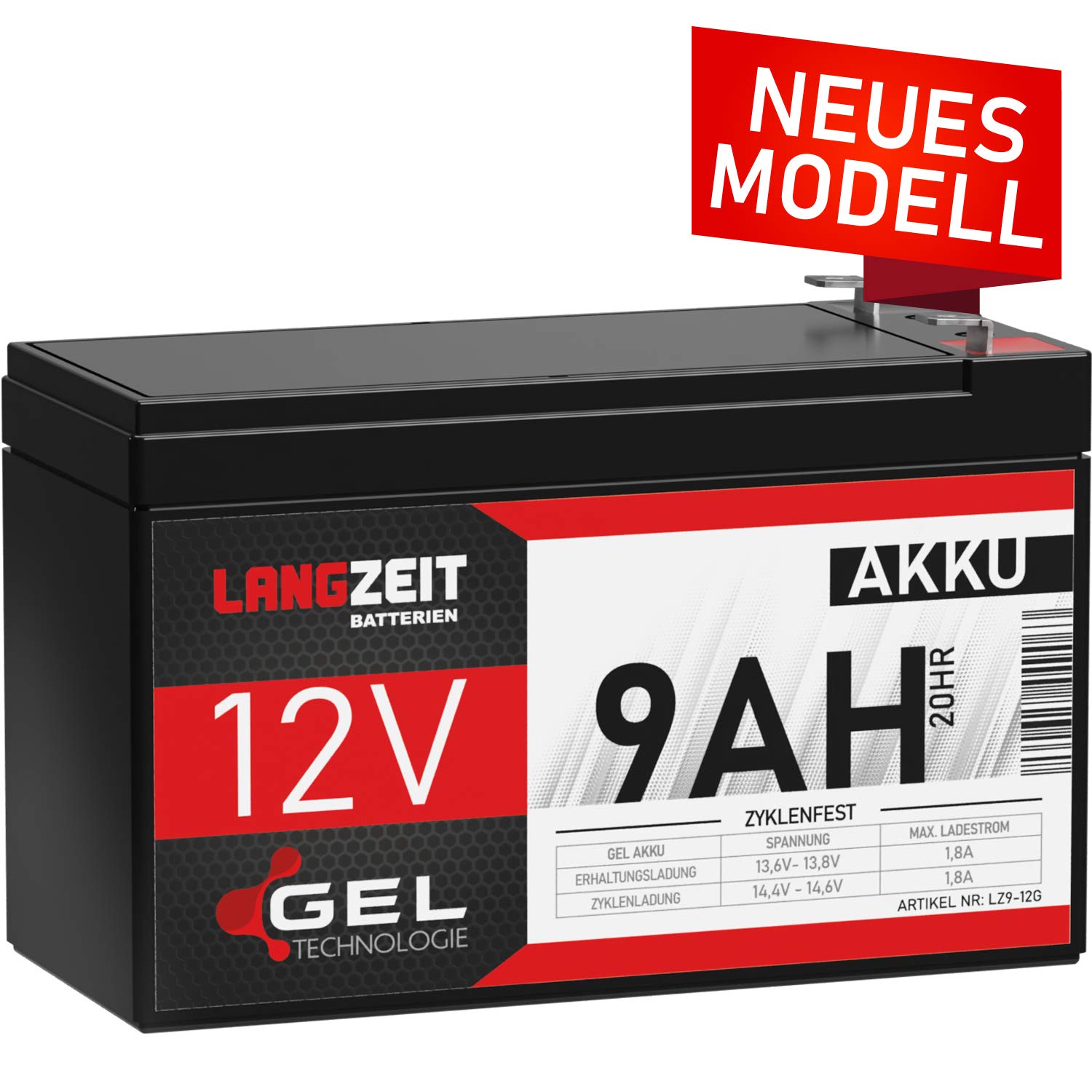 LANGZEIT Akku 12V 9Ah Gel Profi Blei-Akku extrem zyklenfest vorgeladen auslaufsicher ersetzt 7Ah 7,2Ah 7,5Ah