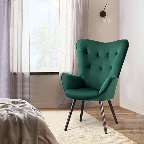 Miniatura 5 de FurniutreR Moderno sillón de terciopelo con respaldo alado, con tapizado y respaldo alto, patas de madera maciza para sala de estar, dormitorio,