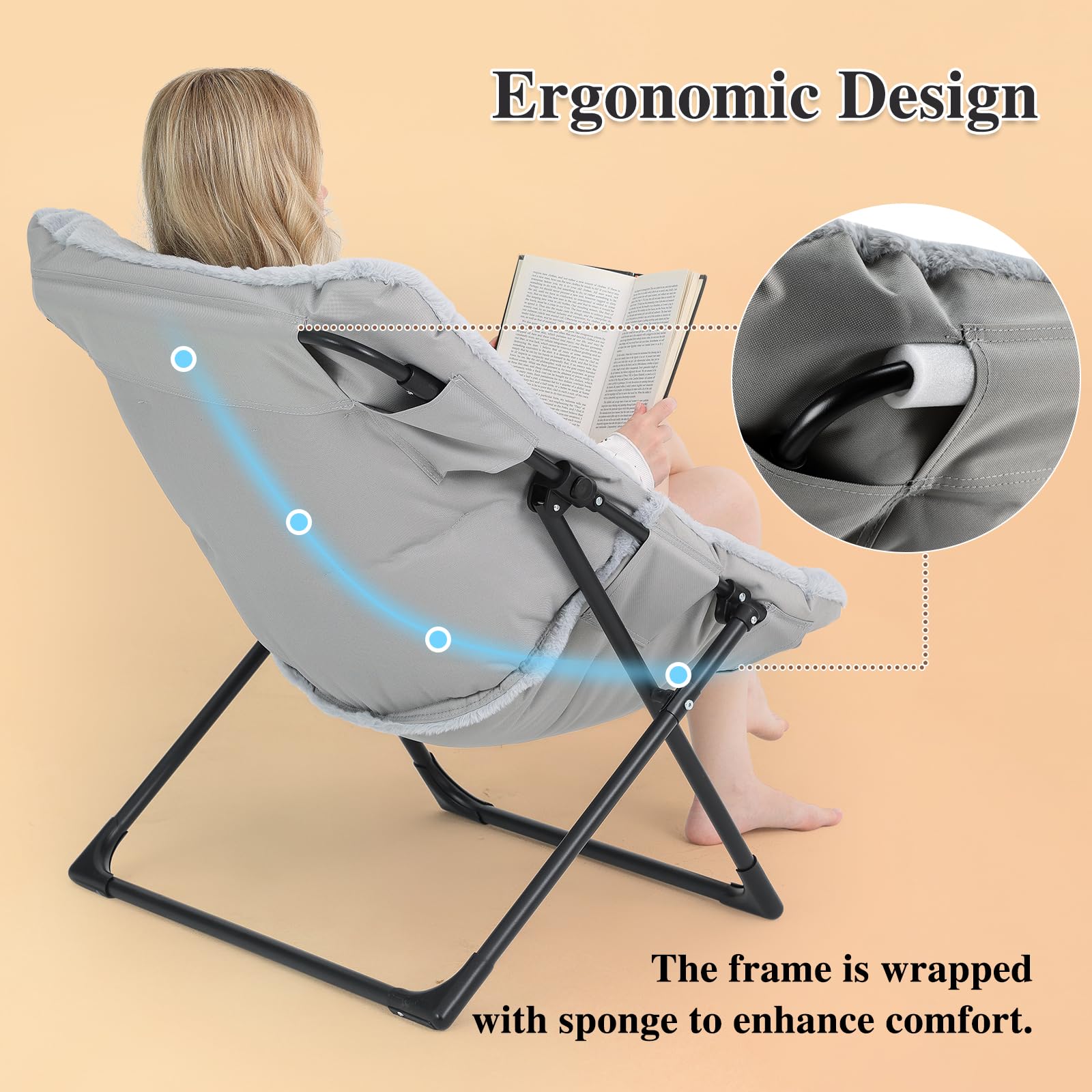 Silla platillo plegable, cómoda silla de lectura de piel sintética, silla plegable para adolescentes, adultos, silla perezosa de gran tamaño, silla de salón grande para sala de estar 6