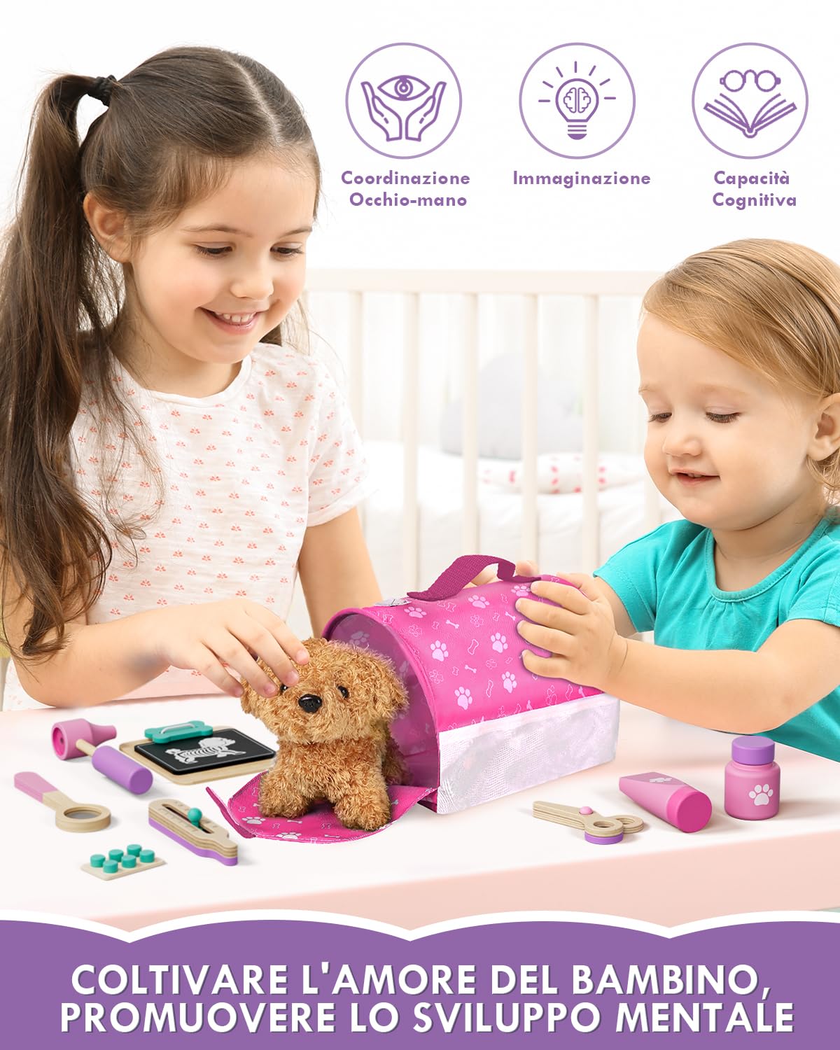 Valigetta Dottore Bambini, Kit Veterinario di Legno, Kit Dottoressa Bambina con Peluche Cane, Valigetta Dottoressa Bambina con Camice e Cappello, Giochi Bambini 3 Anni(Rosa)