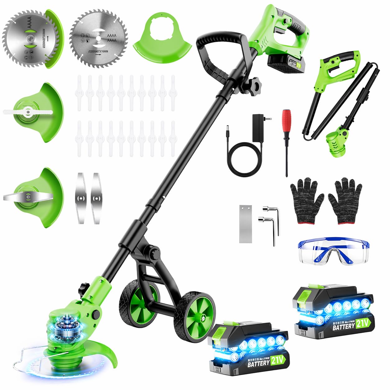Desbrozadora Eléctrica a Batería 21V 650W, Cortabordes 4 en 1 Multifunción con 2 Baterías 2000mAh, Ruedas Desmontables, Cabezal Ajustable 90°, Herramienta de Jardín para Césped, Bordes