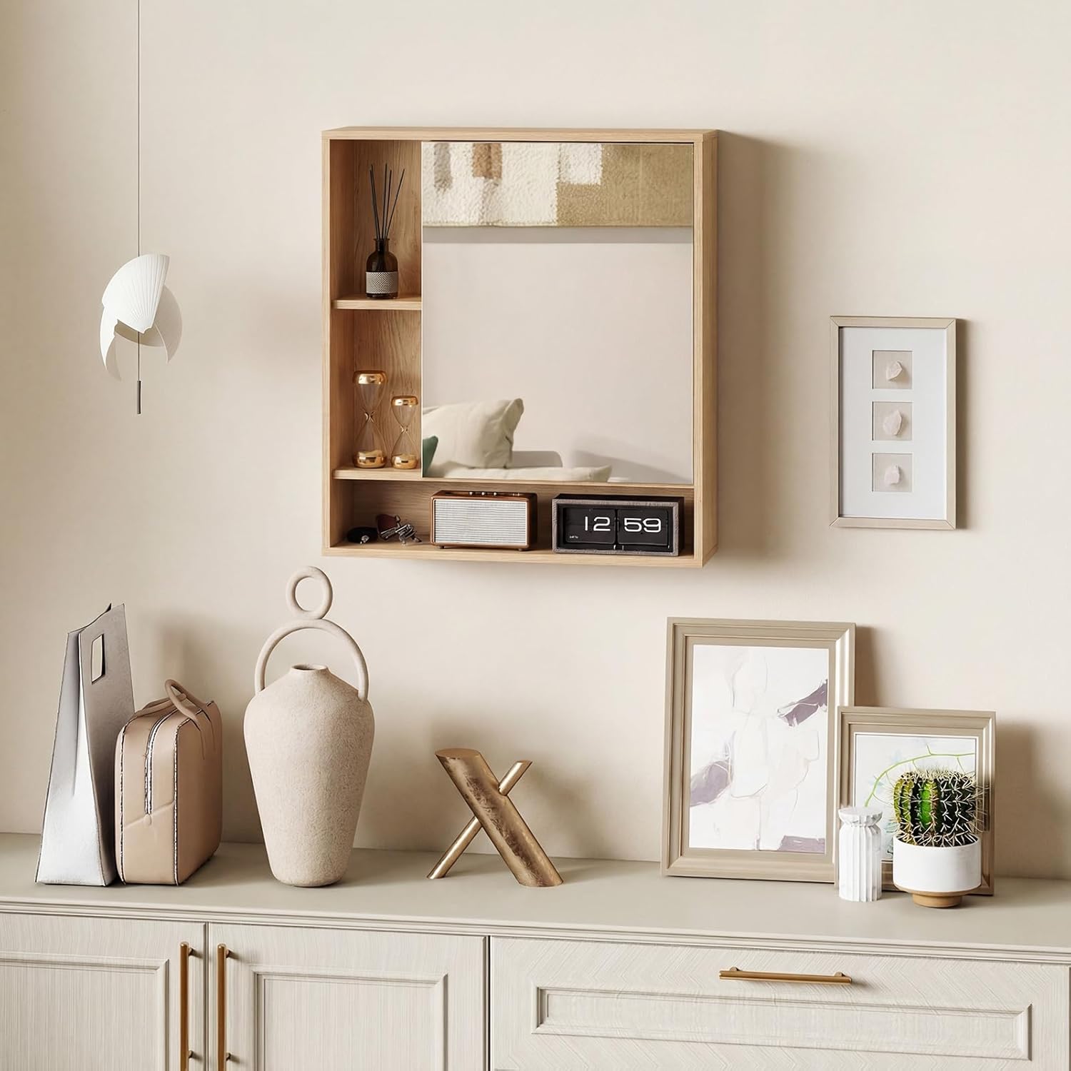 Tangkula Bathroom Cabinet with Mirror, Wall Cabinet with Mirrored Door, 3 Open Cubes, Adjustable Shelf, Wooden Grain Finish, Space-Saving Modern Storage Organizer for Living Room, Entryway (Natural)