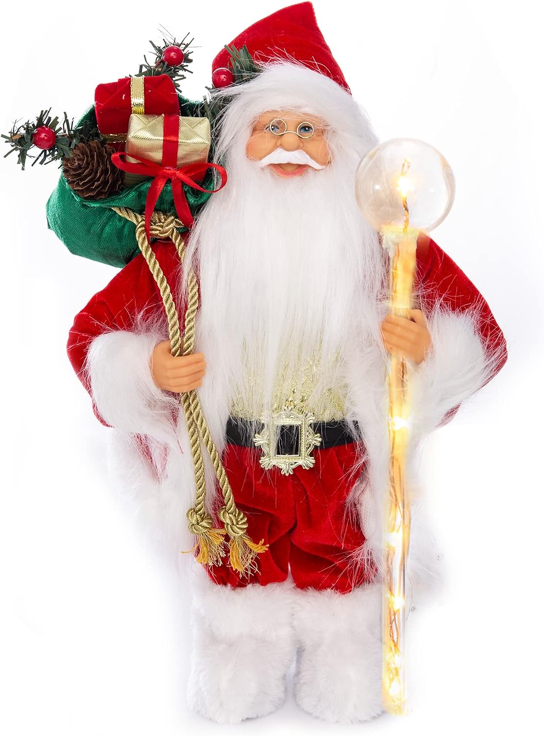 Costyleen Christmas Santa Claus Figurine Decoration with LED Light Medium Size Ornament, Enjoyable Gift Doll Toy Table Decor Festival Present - 14'' Red