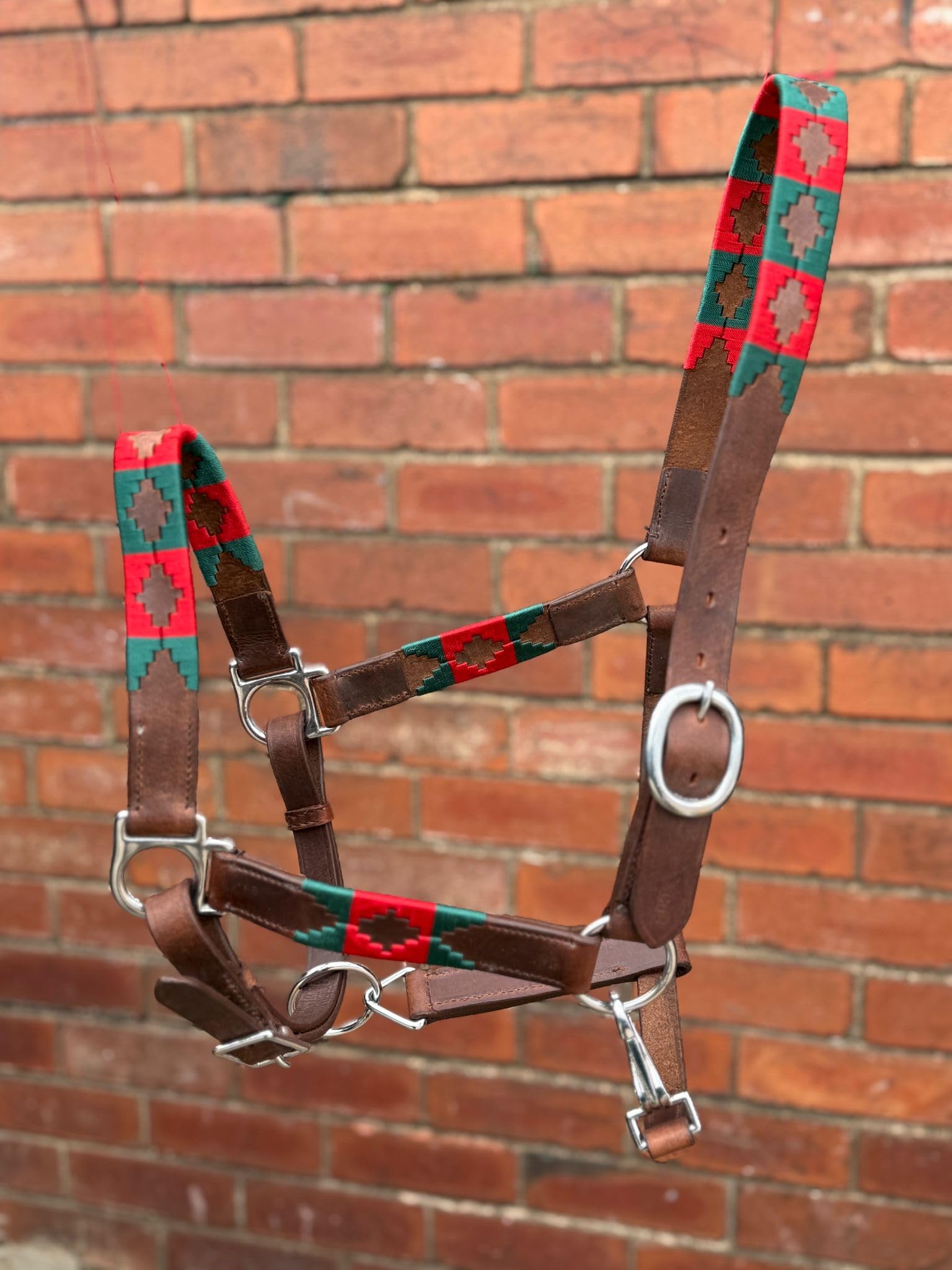 Leather Polo Headcollar, Handmade Embroidered Pattern, Brown with Adjustable Straps, Oil Pull-up Leather (Red/Green, Cob)