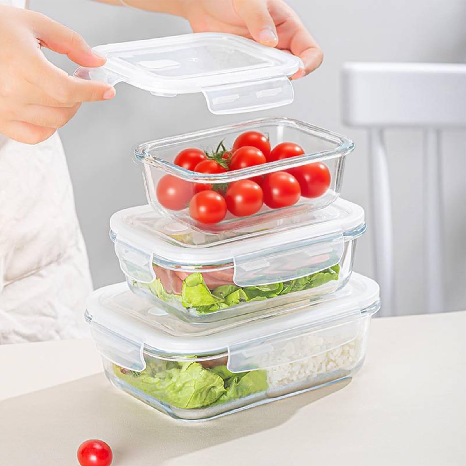 Frischhaltedosen aus Glas mit Deckel, luftdicht, Salatbehälter für Mittagessen, Mahlzeiten, Zubereitung und Reste für Mikrowelle, Ofen, Gefrierschrank und Spülmaschine, 425 ml, 680 ml, 1050 ml
