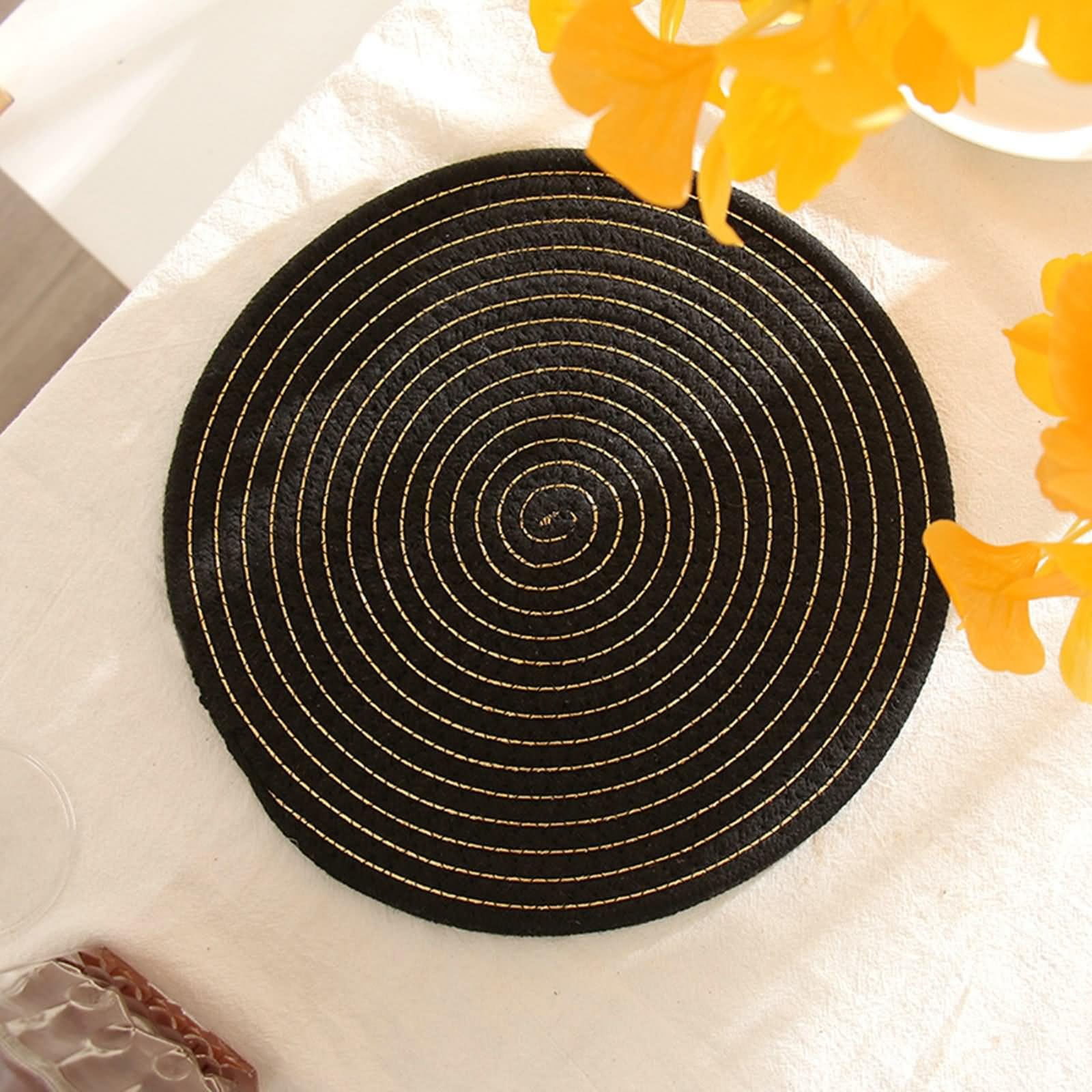 Table Mat for Eating 6er Set, Platzsets Herbstlich 30cm Runden Baumwolle Leinen Schwarz Gold