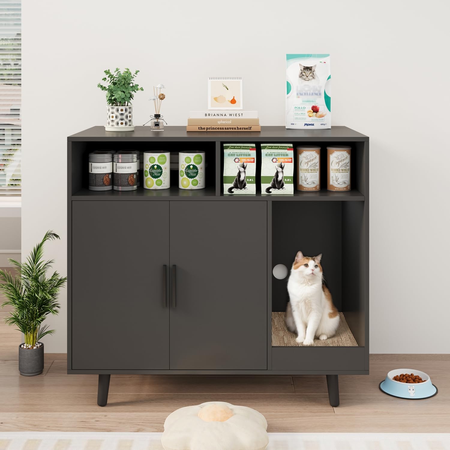 Tall Hidden Litter Box Furniture, Large Black Cat Litter Box Enclosure Wooden Cat Litter Furniture with Cat Scratching Board for Living Room-31.5“L*18.11" W*28.8" H
