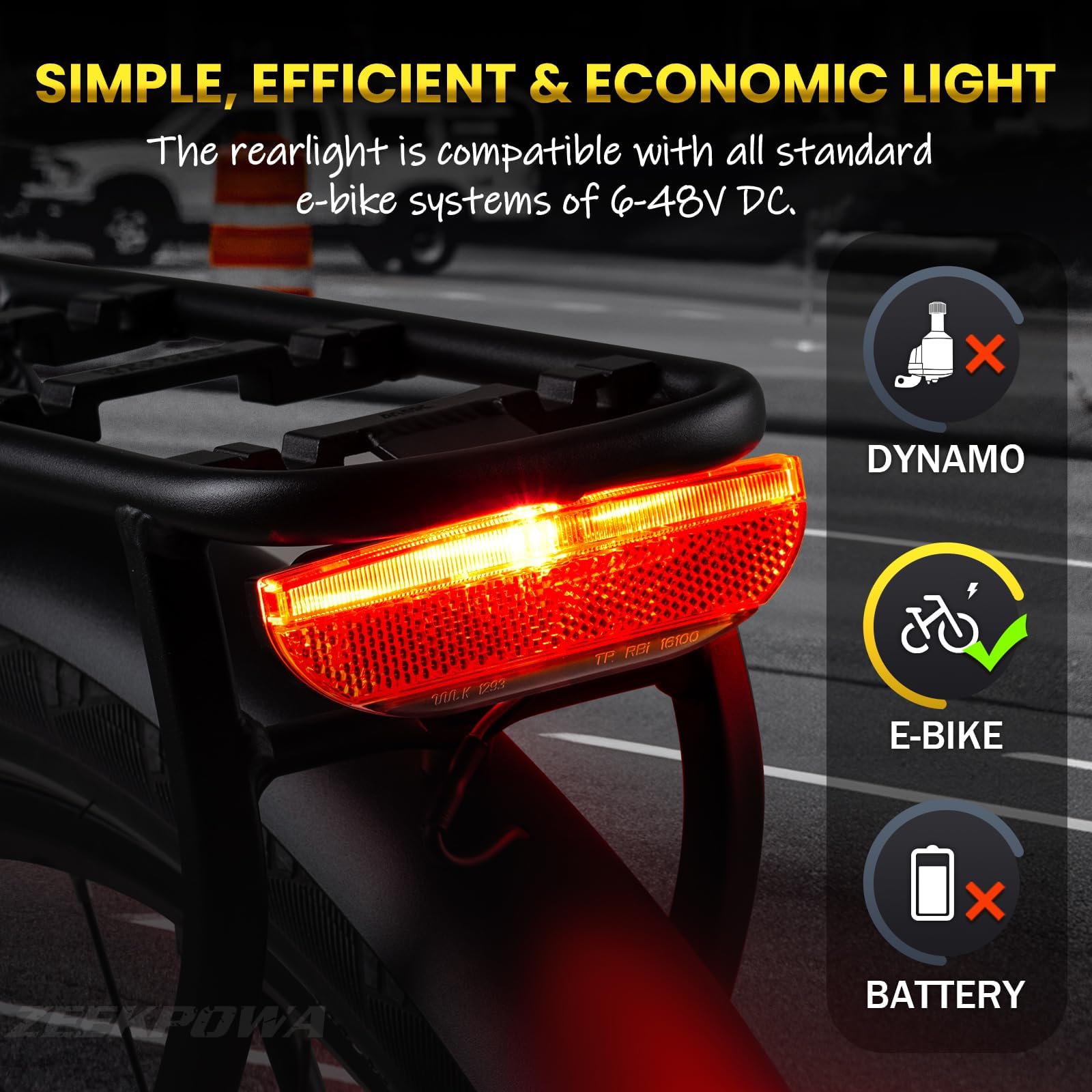 Zeekpowa Luce Posteriore per Bici Elettriche Omologata - LED a Tensione Larga per Portabagagli 50/80mm
