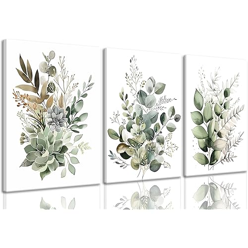 Bwodke Botanical Wall Art Plant Floral Watercolor Canvas Prints Set of 3 Framed Sage Green Painting Eucalyptus Leaf Picture Modern Minimalist Boho Decor Bedroom Bathroom Living Room 12"x16"