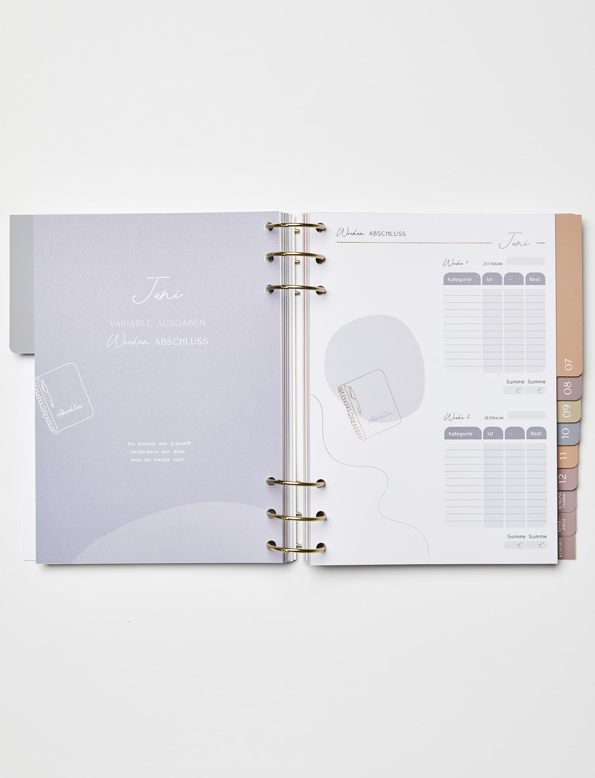 Moneyglow® Mein Budgetplaner A5 deutsch I 310 Seiten I goldene Ringe zum Öffnen I Seiten immer wieder austauschbar I Register I Illustrationen I satiniertes Schreibpapier I undatiert