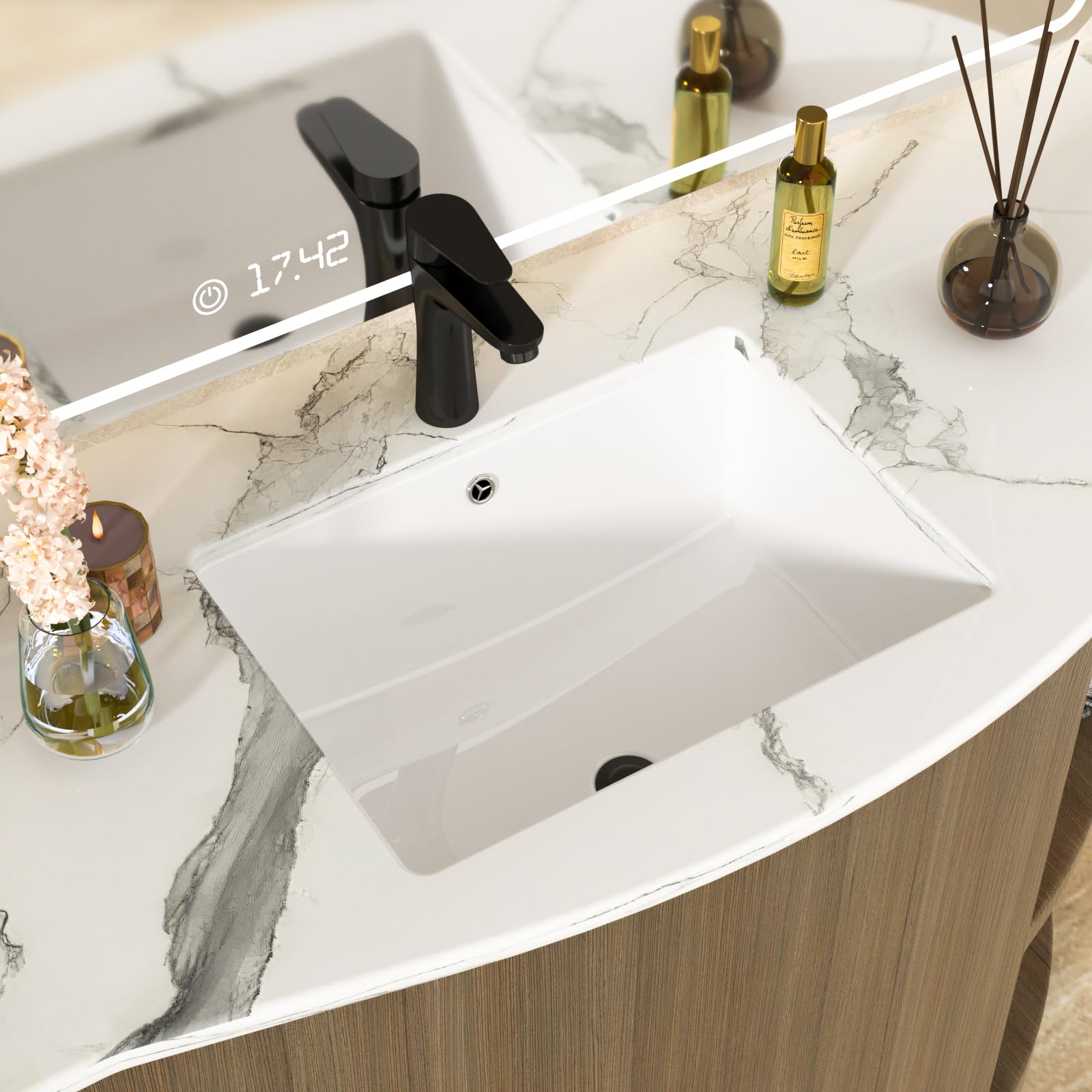 Fregadero de baño de cerámica de 51 x 37 cm, color blanco | Cuenco interior de 45,5 x 31,5 cm, lavabo rectangular de porcelana moderna para debajo del mostrador, fácil de limpiar