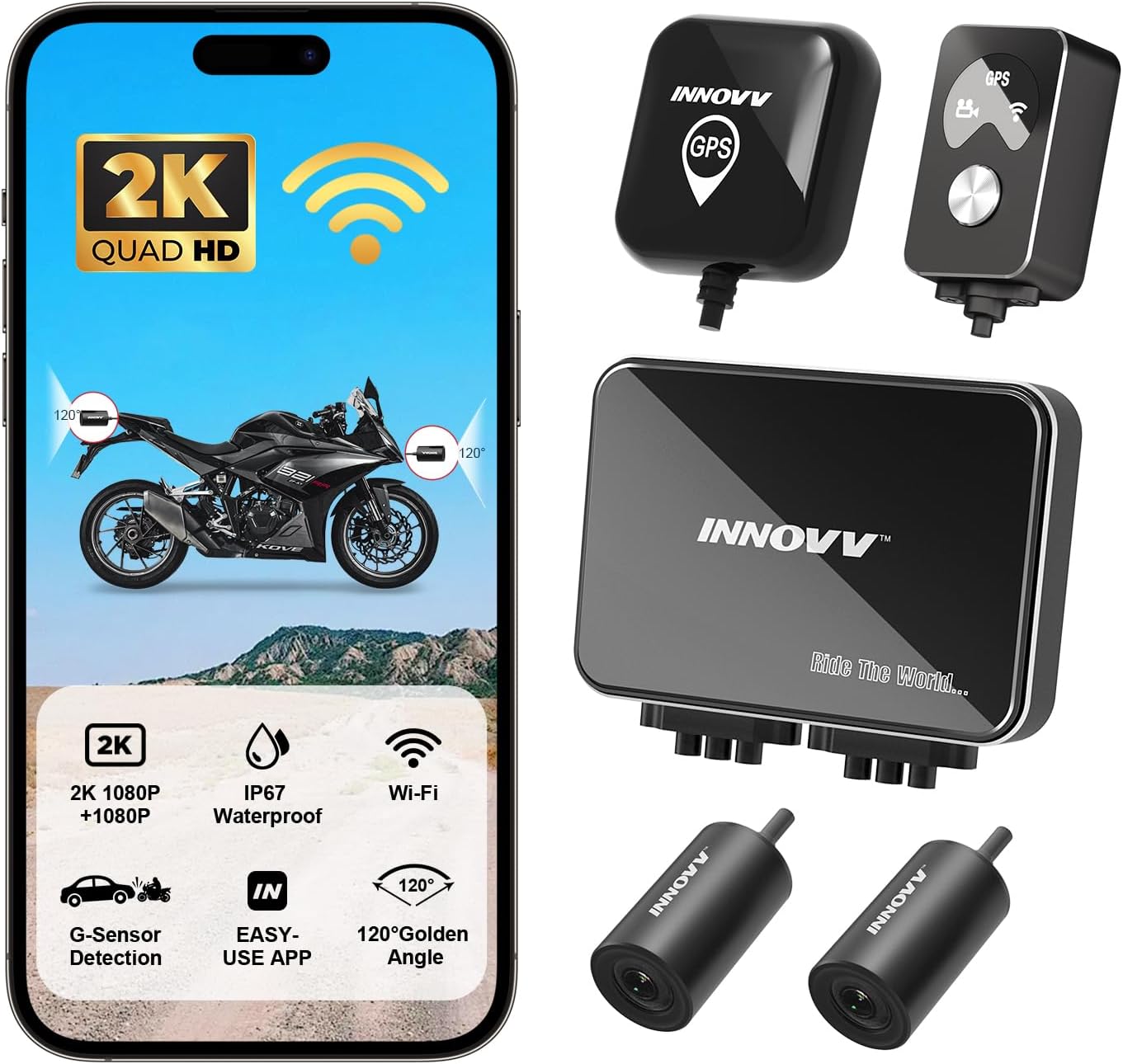INNOVV K7 Motorcycle Dash Cam, 2K + 2K Front and Rear Camera with EIS Anti-Shake, Motorcycle DashCam with 24hr Sentry Mode, Emerg Auto Save GPS, App Connect, IP67 Waterproof, Max Support 512 GB