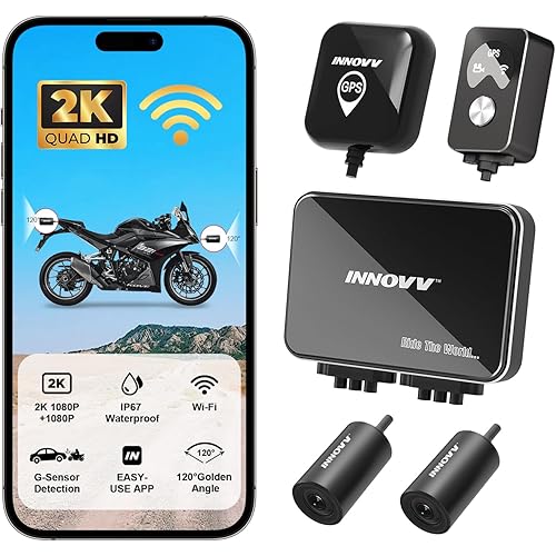 INNOVV K7 Motorcycle Dash Cam, 2K + 2K Front and Rear Camera with EIS Anti-Shake, Motorcycle DashCam with 24hr Sentry Mode, Emerg Auto Save GPS, App Connect, IP67 Waterproof, Max Support 512 GB