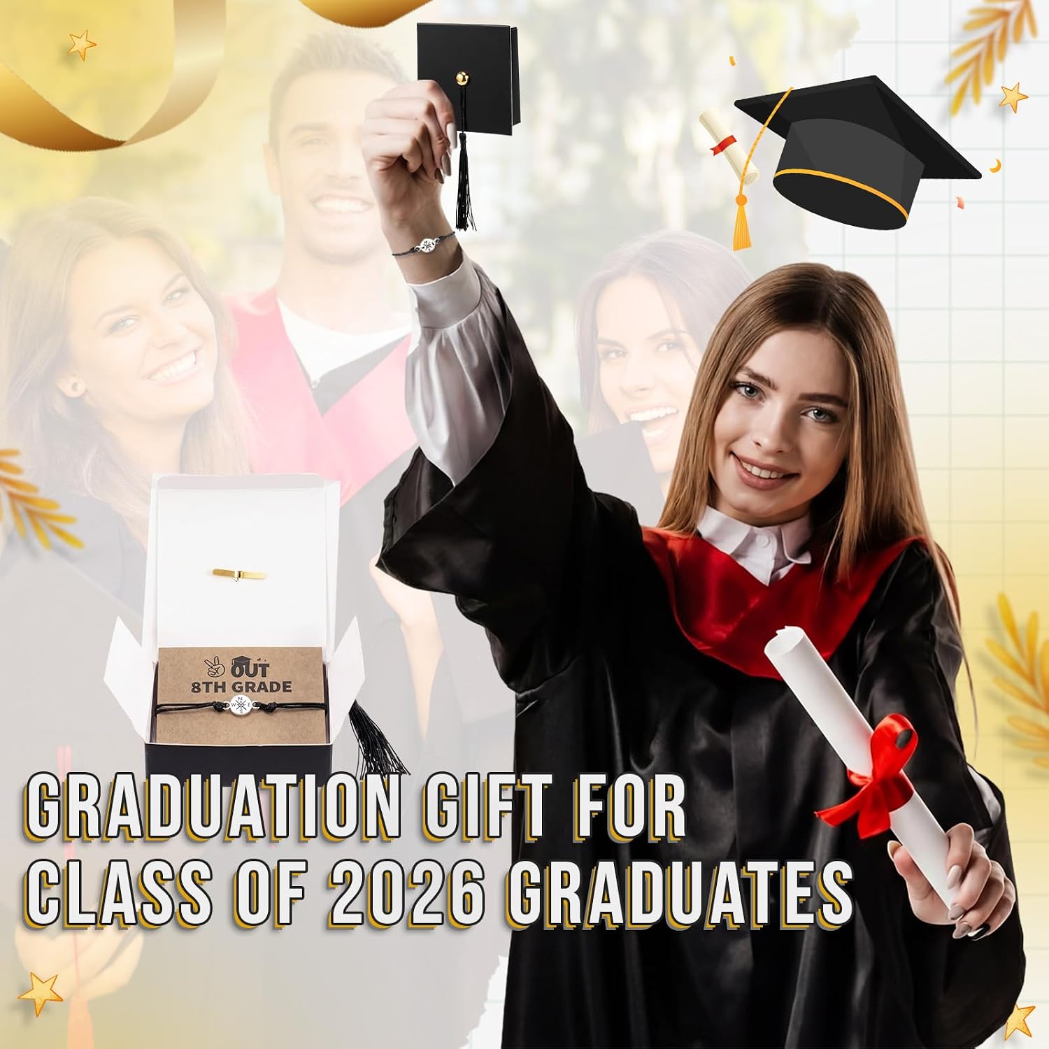 Unittype 60 Pcs 8th Grade Graduation Bracelet Gifts Bulk with Wish Gift Cards Grad Cap Box 2026 Middle School Grad Gift for Him Her