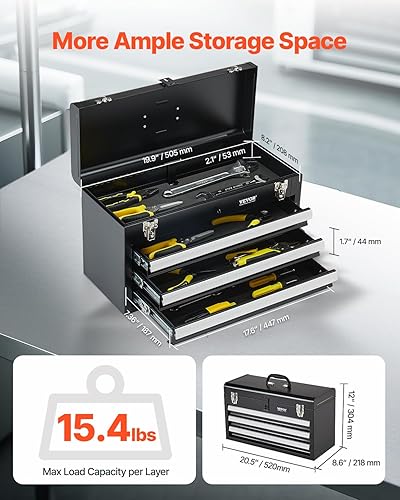 Miniatura 2 de VEVOR Caja de herramientas de metal, 20.5 pulgadas, caja de herramientas de metal portátil con 3 cajones, pequeña caja de herramientas con forro