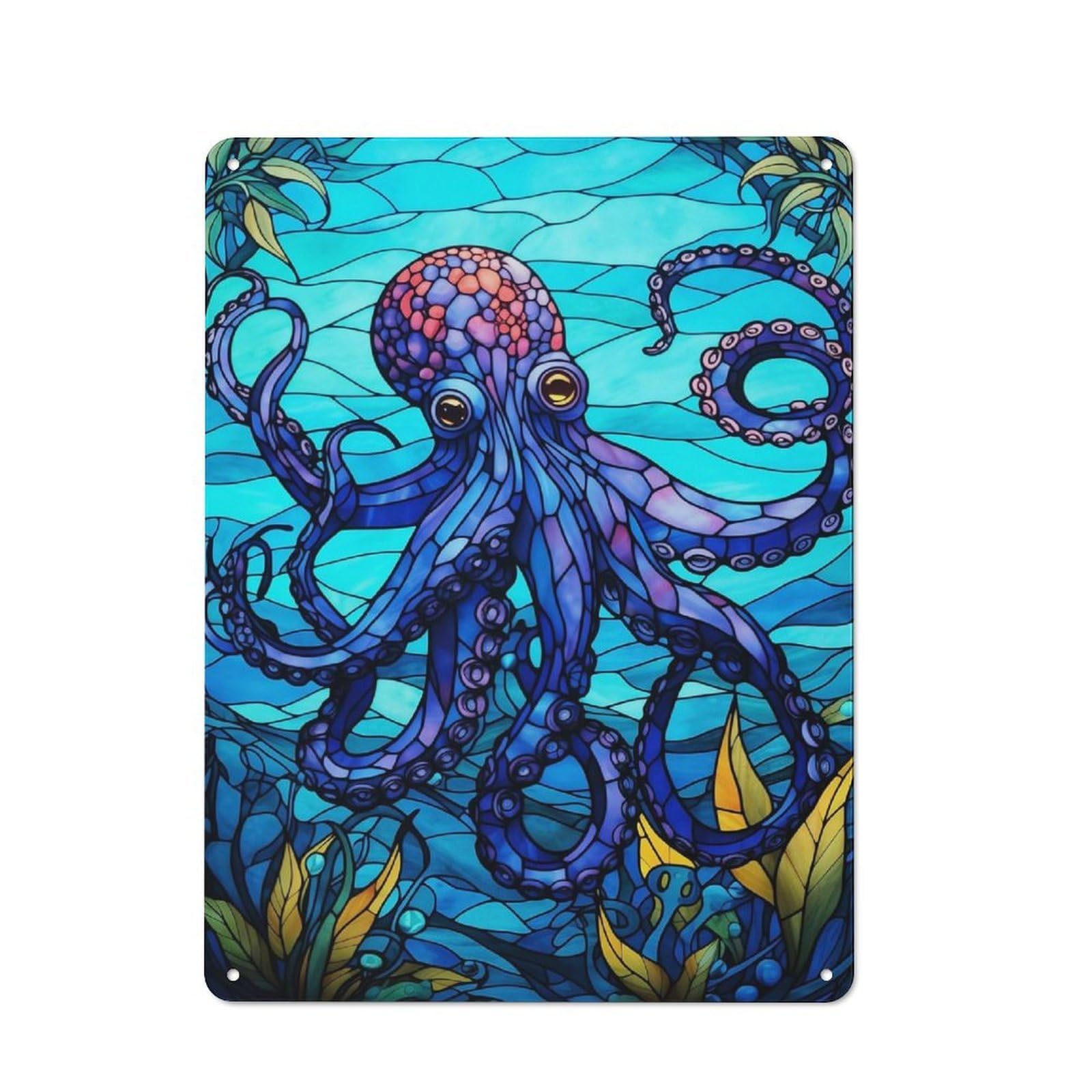 Junmoney Style-4 Octopus Sea Stained Glass Industrial-Style Metal Sign 40X30cm For Living Room Wall, For Collectors Decorating Living Rooms And Feature Walls