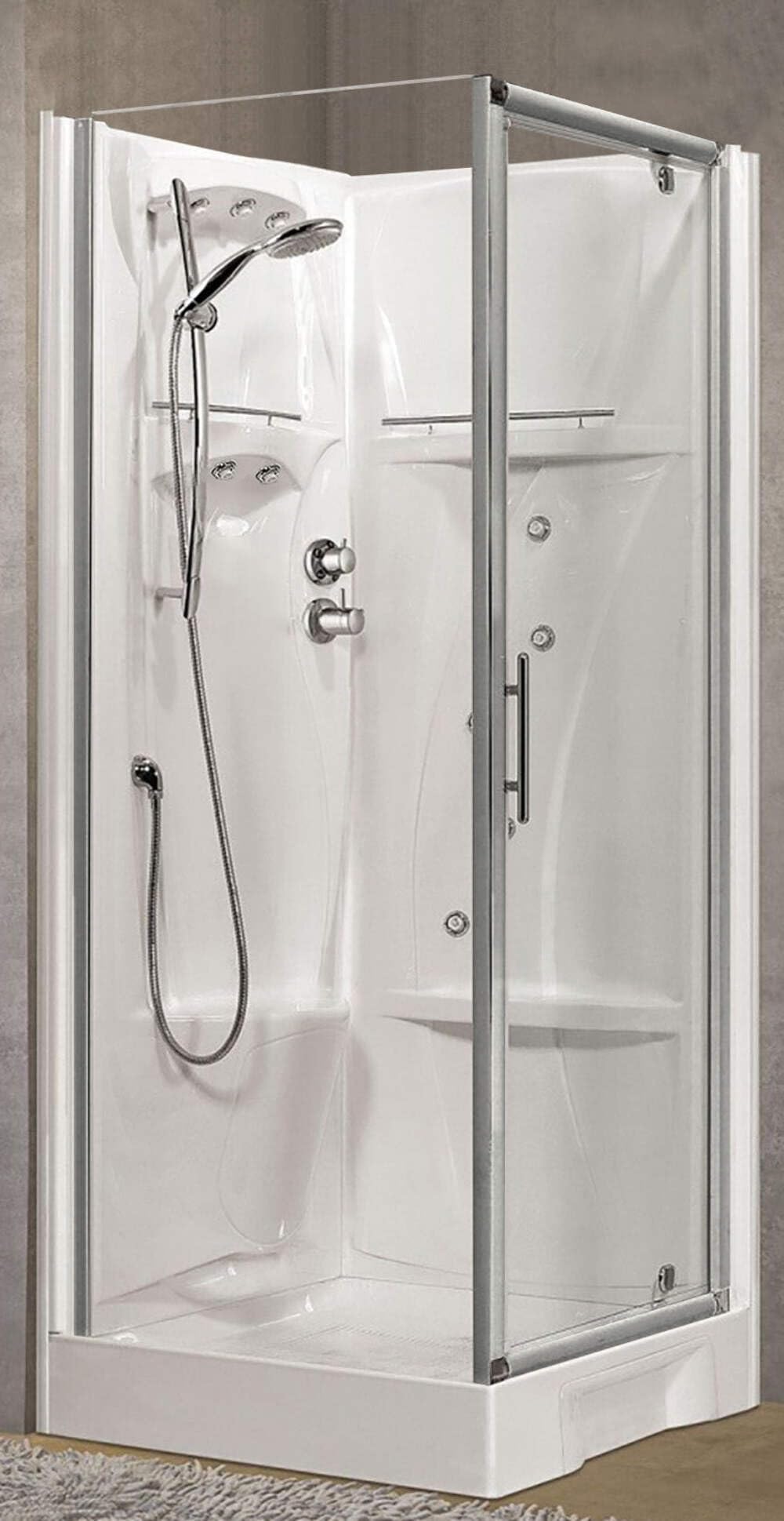 Novellini New Holiday GF90 - Bañera de hidromasaje multifunción (90 x 90 cm, apertura 1 puerta batiente, esquina derecha, grifo termostático, cristal transparente, perfil plateado, altura 206 cm)