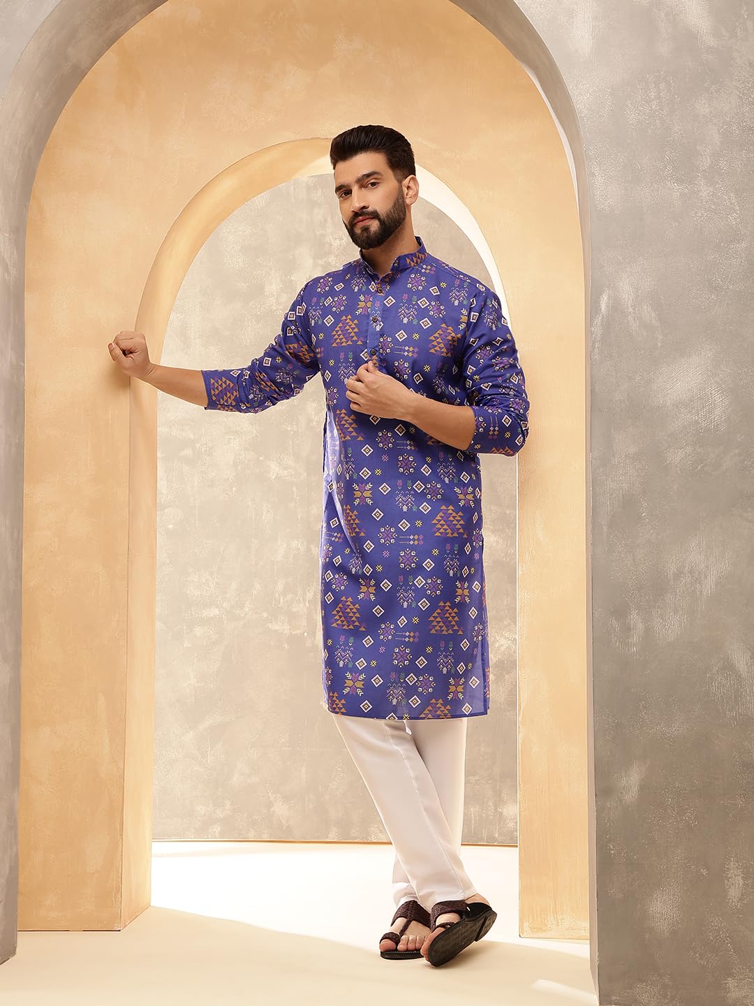 Sojanya (Since 1958 Men's Cotton Linen Ethnic Motifs Printed Blue Kurta With White Pyjama