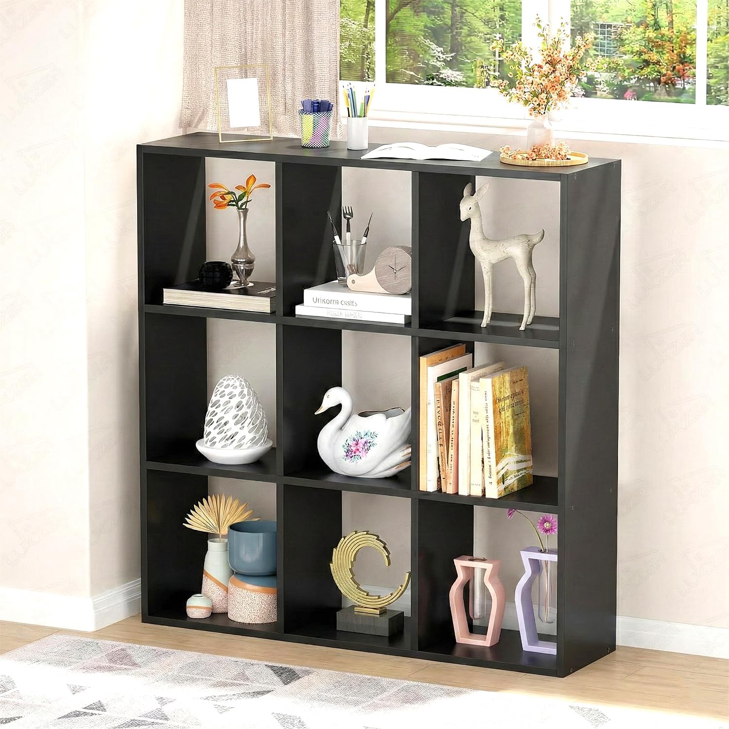 - Lukzer MR-012 Black Engineered Wood 9-Cube Storage Organizer | Multi-Functional Storage Rack Modern Cube Shelf Unit for Home, Office, Living Room,Bedroom |96x90x24cm| DIY Assembly | Made in India