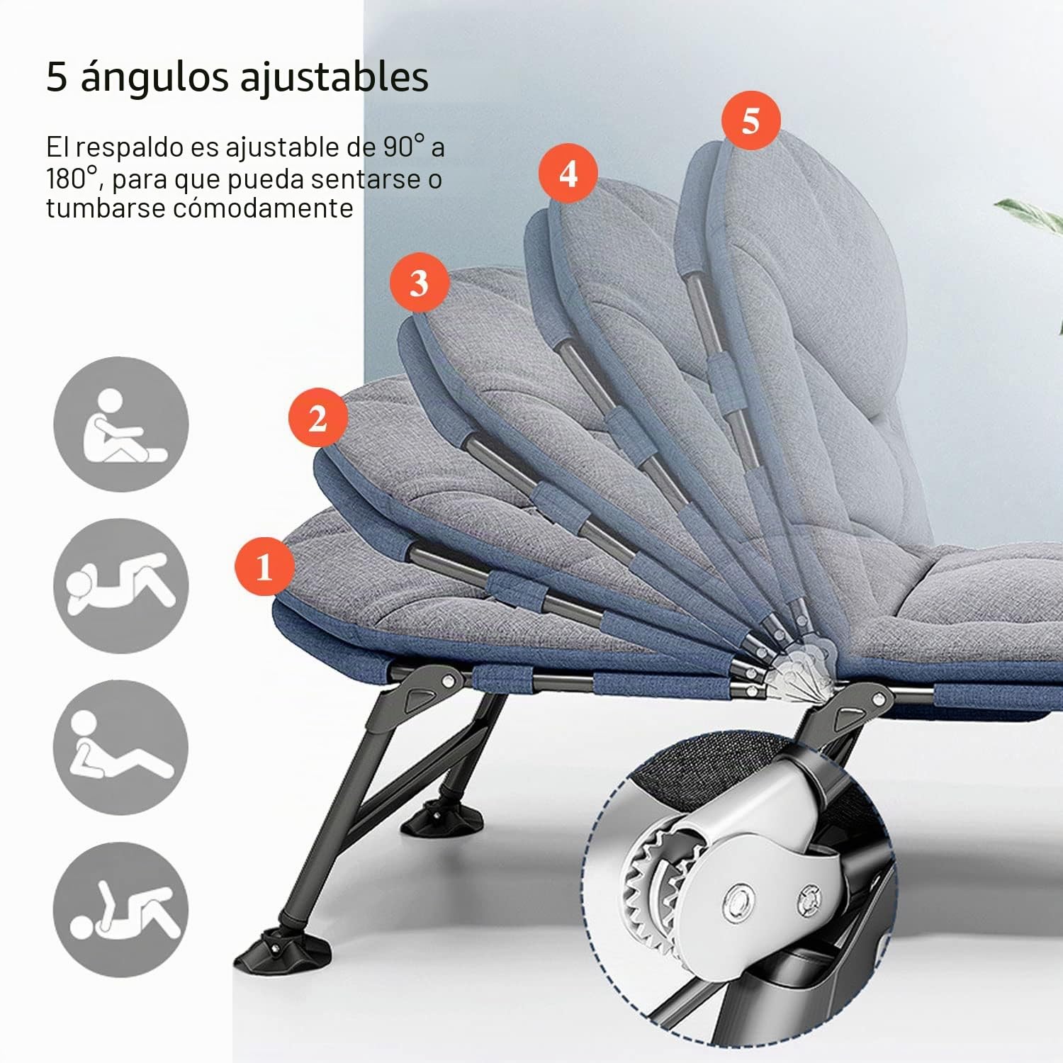 Cama de Camping Plegable con Colchón 190x65x30cm, Cama de Camp Portatil con Bolsillo Lateral, Tumbona Jardin Exterior con 5 Regulable Respaldo, Hamacas para Camping Jardín Exterior Interior, Gris