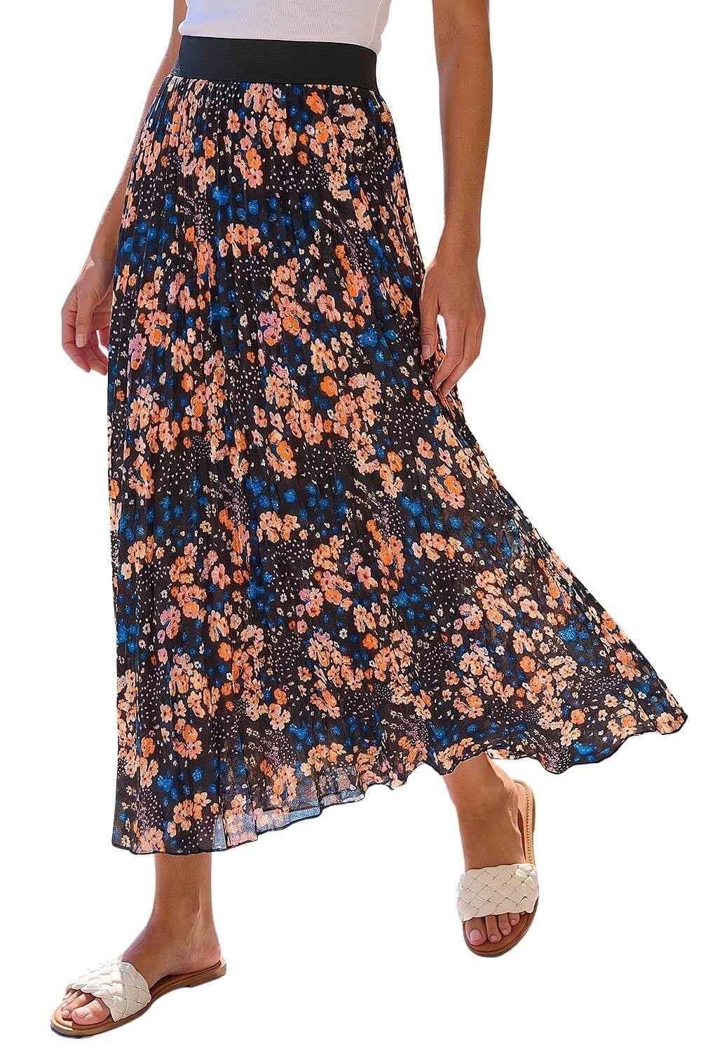 Roman Originals Pleated Skirt for Women UK Ladies Maxi Midi Crinkle Summer Smart Casual Evening Special Occasion Elasticated Waistband Party Holiday Long Crepe - Multi Floral - Size 18