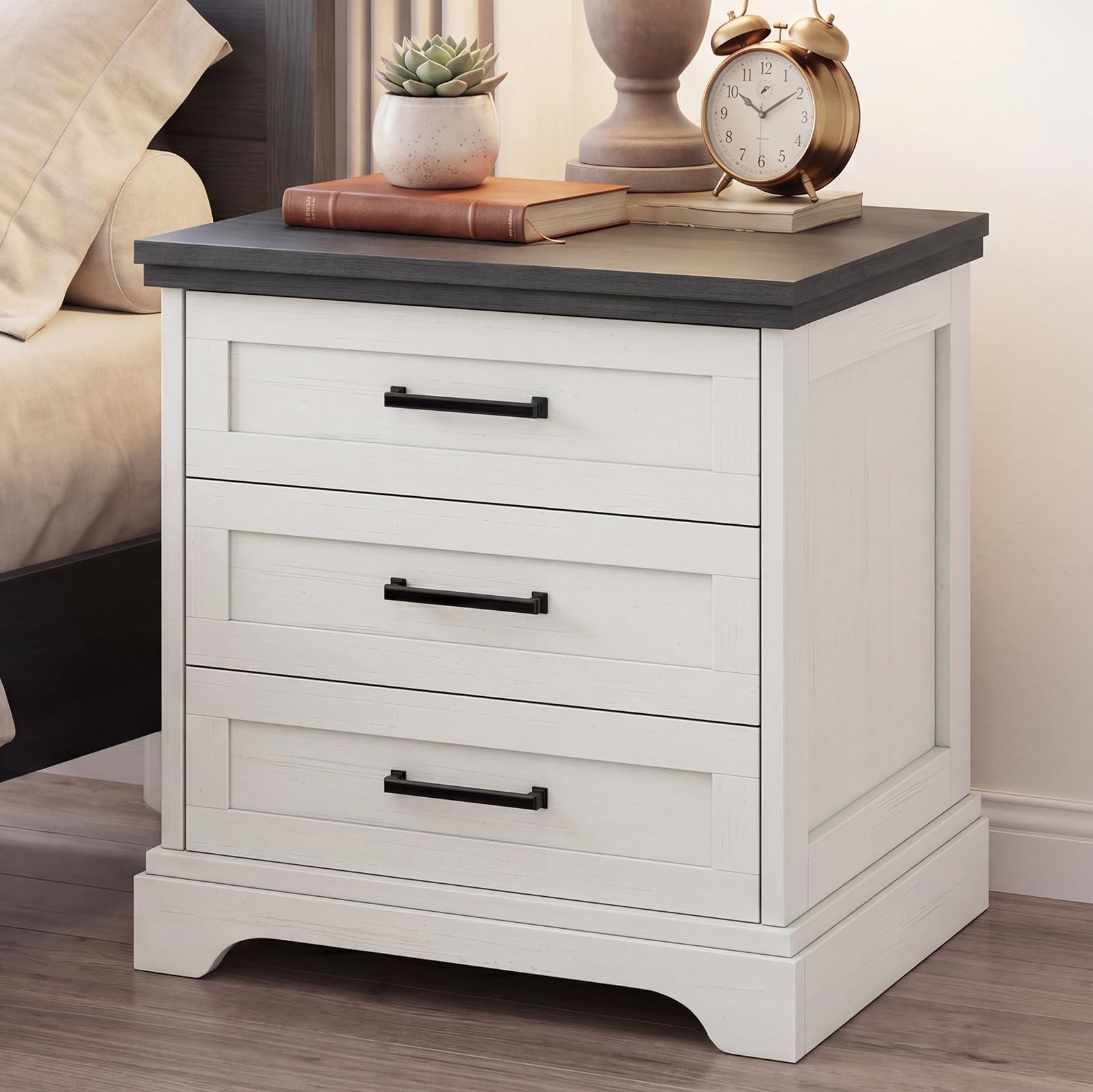 DUMOS Farmhouse Nightstand with Built-in Charging Station & USB Ports
