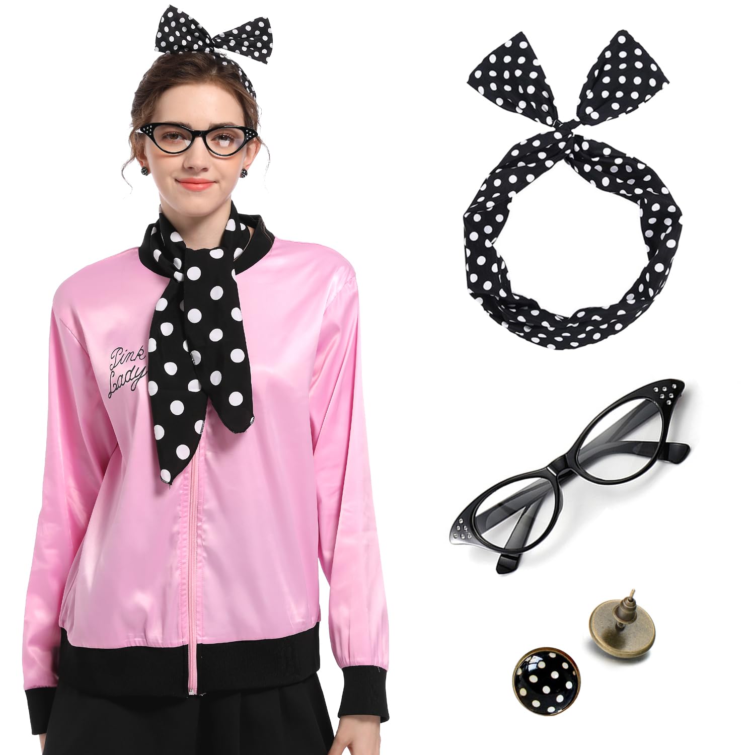 GIZMAC1950s Pink Ladies with black edge Satin Jacket + Disco outfit women Halloween Cosplay Costume