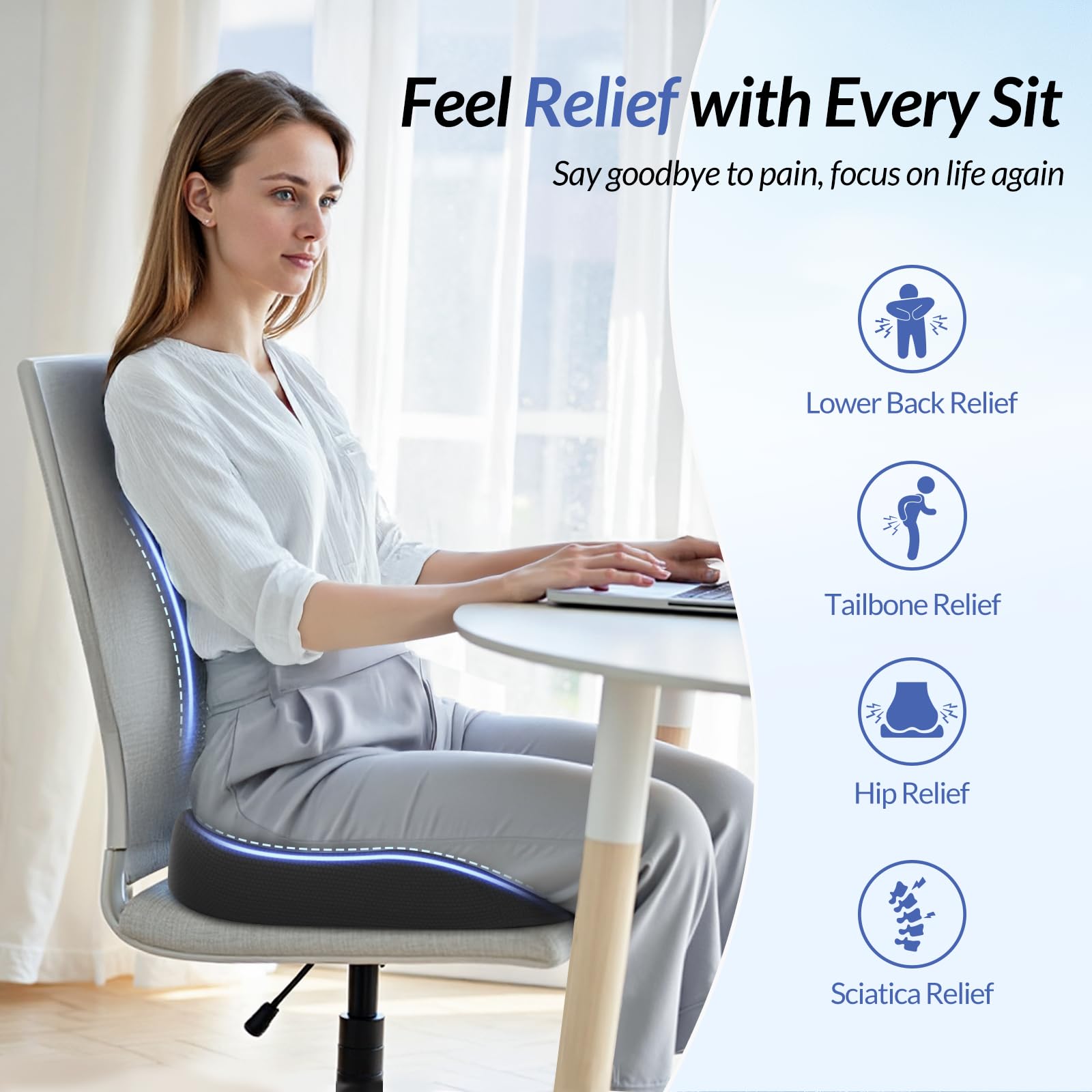 ZIKEE Cojín de asiento ergonómico con pendiente de alivio de muslo, cojines de espuma viscoelástica de alta densidad para silla de oficina con respaldo en forma de U para coxis, alivio del dolor de