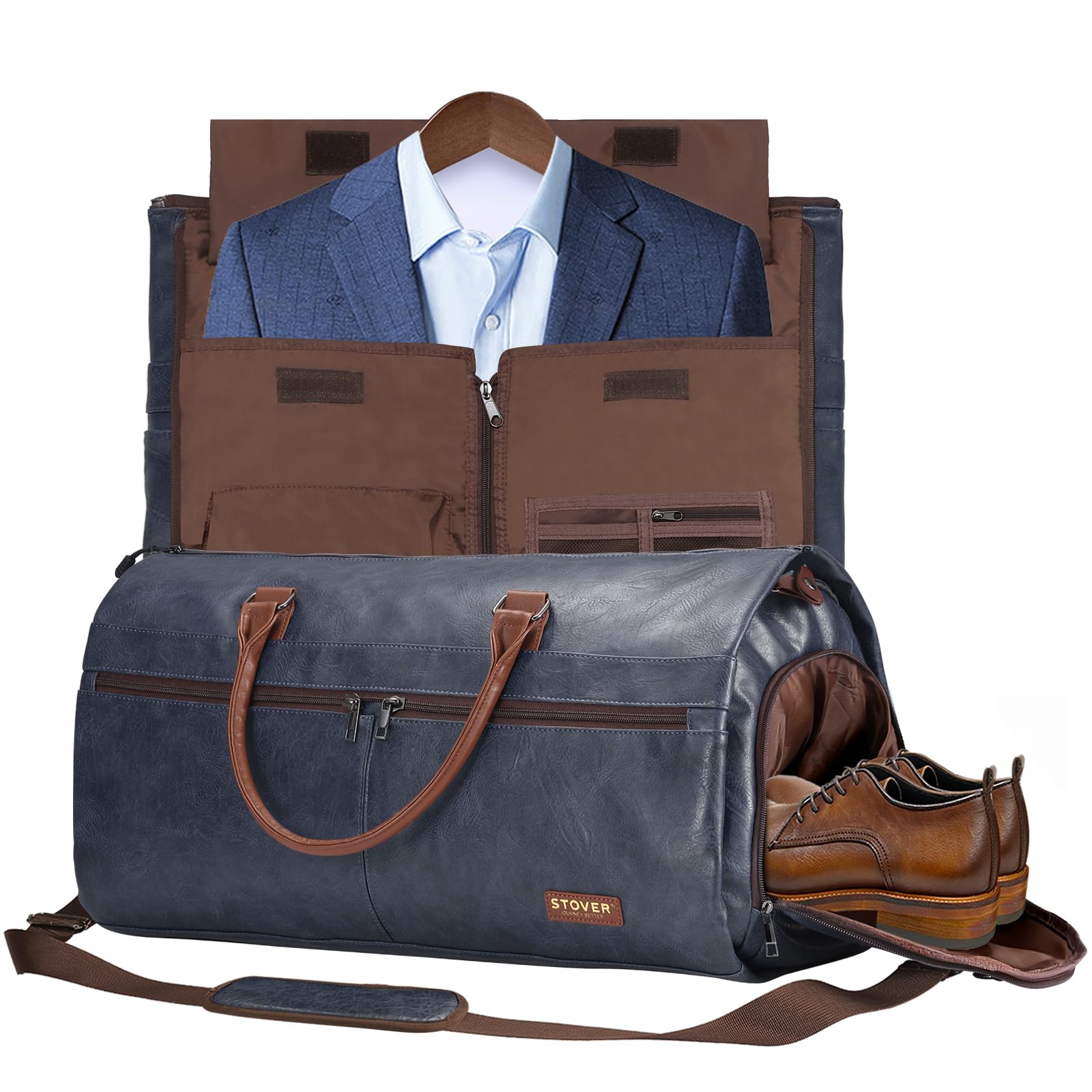 STOVER Garment - Bolsa de viaje grande 2 en 1, equipaje de mano convertible para hombres y mujeres, trajes colgantes, vestidos y ropa + compartimento para zapatos, bolsa de fin de semana (cuero azul),