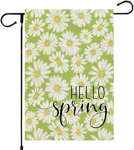 CROWNED BEAUTY Bandera de jardín con texto en inglés Hello Spring de 12 x 18 pulgadas, de doble cara, pequeña de arpillera de temporada, para patio