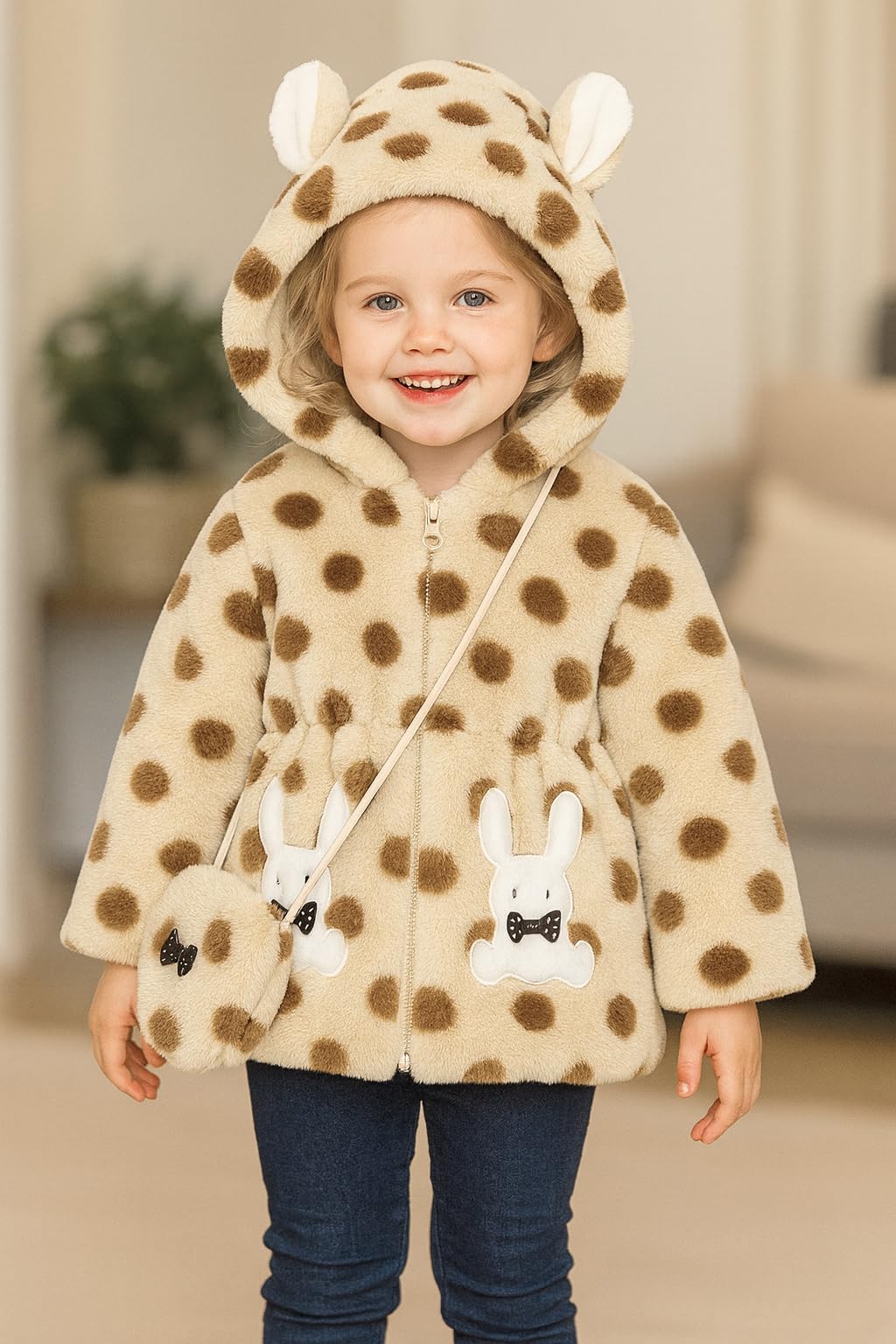 Bold N Elegant Wool Fur Warm Winter Outerwear Hooded Baby Jacket Coat with Soft Plush Teddy Bear Bag for Infant Toddler Boy Girl Kids (IN,12-24 Months, Brown)