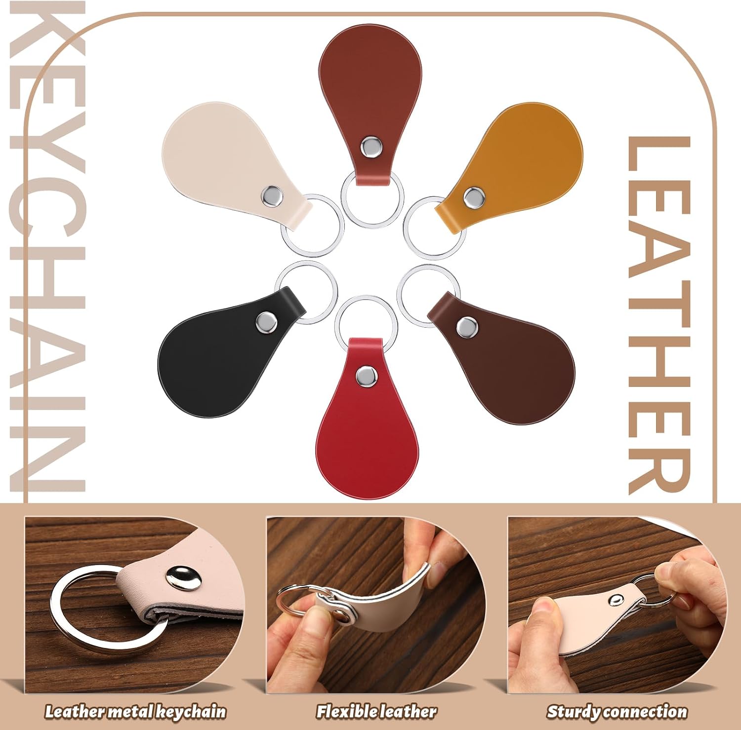 30 Pcs Leather Keychain, 6 Colors Leather Key Fob Kit with Rivets Keychain Rings, Leather Keychain Bulk for DIY Stamping Laser Engraving Crafts