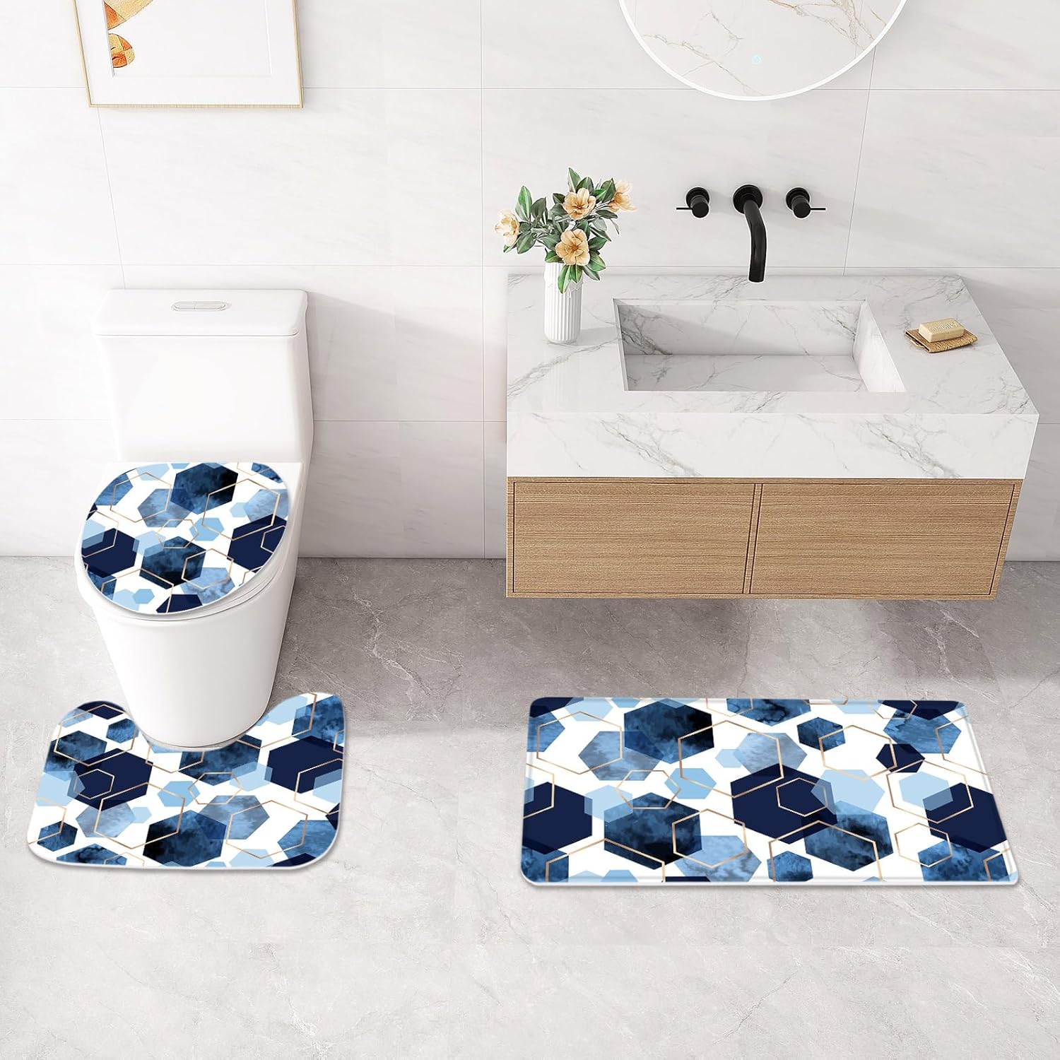 Litabel 4 Pcs Navy Blue Modern Geometric Shower Curtain Set with Non-Slip Rugs, Toilet Lid Cover and Bath Mat, Abstract Bathroom Decor Set with Shower Curtain and Rugs