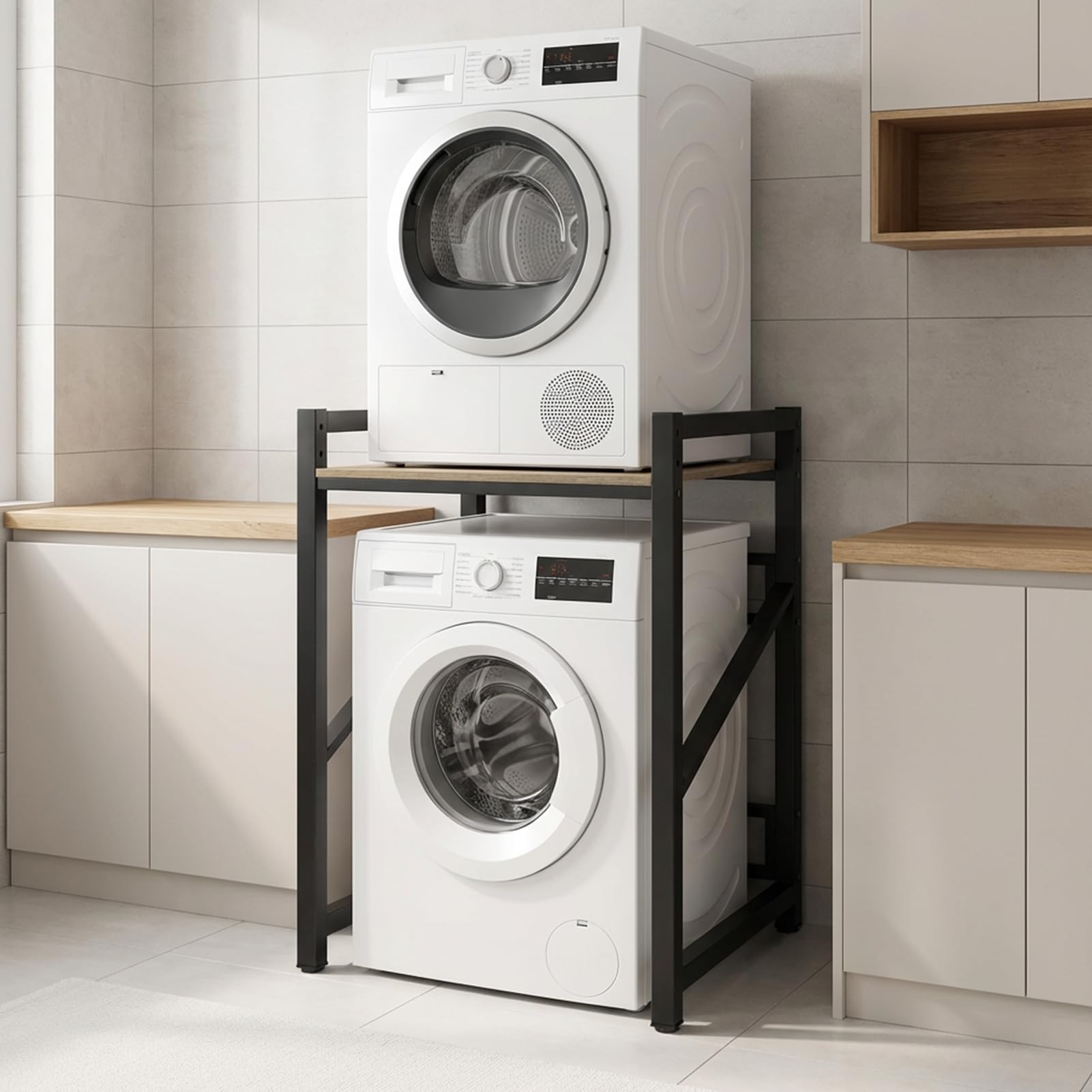 fiakoais Washer Dryer Stand Stacking Kit, Tumble Dryer Stacking Kit with Sliding Shelf Countertop, Space Saving, 200KG Load Capacity, Washing Machine Storage Unit for Laundry Room (White) (Black)