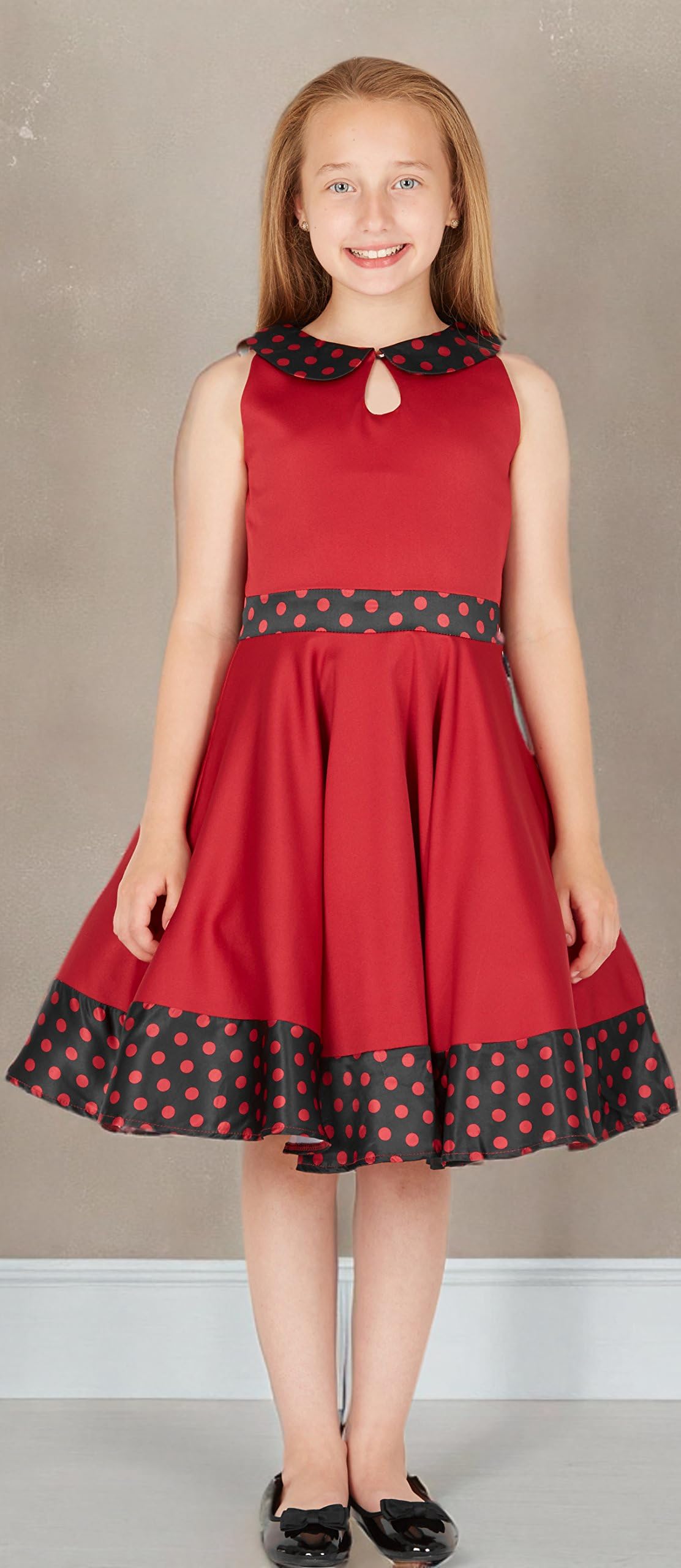 BlackButterfly Mädchen Kleid Zoey Punkte | Tellerrock, Ärmellos, Bubikragen, Kontrastbesatz, Gefüttert, Reißverschluss Hinten, Zum Drehen, 3-14 Jahre