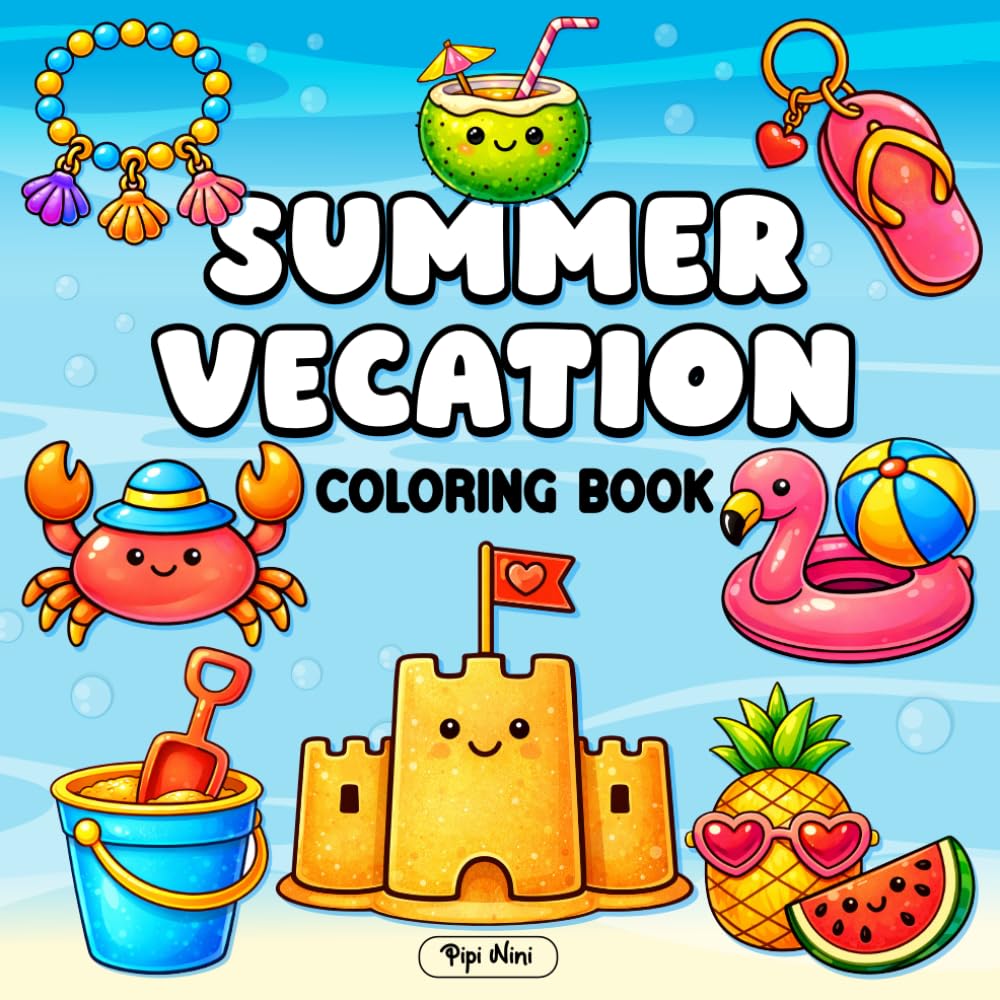 Summer Vacation Coloring Book: Simple and Fun Summer Coloring Book | Beach, Tropical Fruits, Sandcastles, Ocean Animals, and Vacation Fun | 50 Bold & Easy Designs, Single-Sided