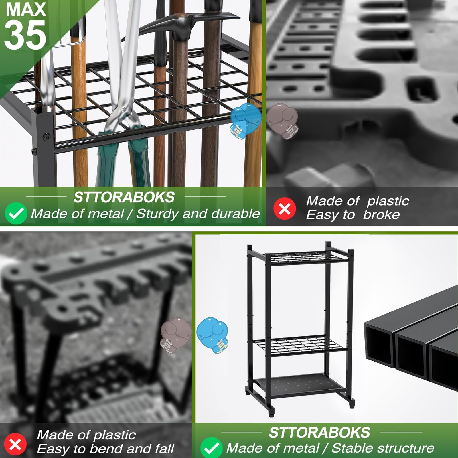 Soporte para herramientas de jardín, organizador para garaje, jardín y