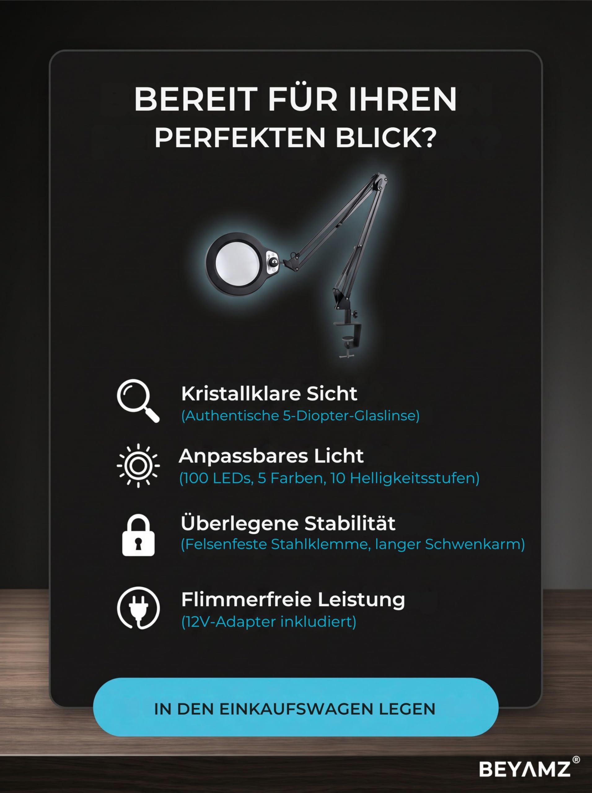 LED-Lupenleuchte Arbeitsplatzlampe Große 125-mm-Lupe | Optische Güteklasse 5 Dioptrien, Extra langer Schwenkarm bis 100 cm, 5 Lichtfarben & Dimmer, 6,4 cm Klemme, 12 V Netzteil