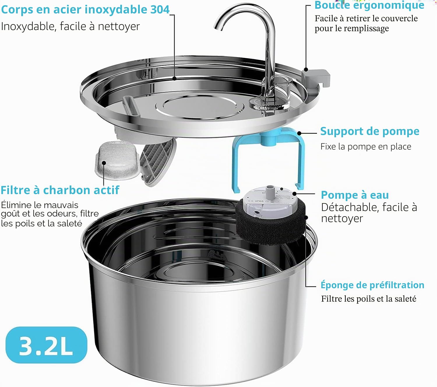 TOMXCUTE Fontaine à Eau pour Chat 3,2 L INOX avec Robinet Silencieux | Filtration efficace pour une eau propre et fraîche, idéale pour chats et petits chiens au quotidien