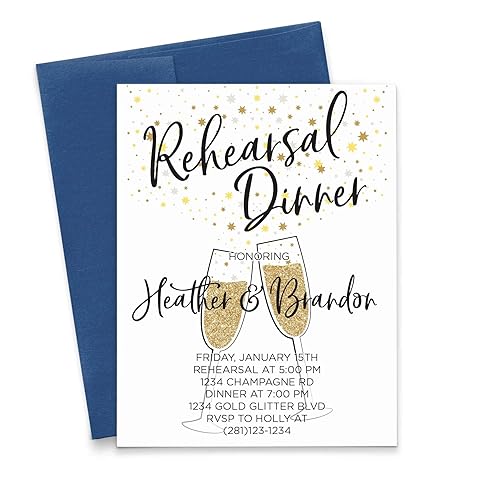 Elegant Rehearsal Dinner Invitation Personalized, Champagne Flutes with Gold, Your choice of Quantity and Envelope Color