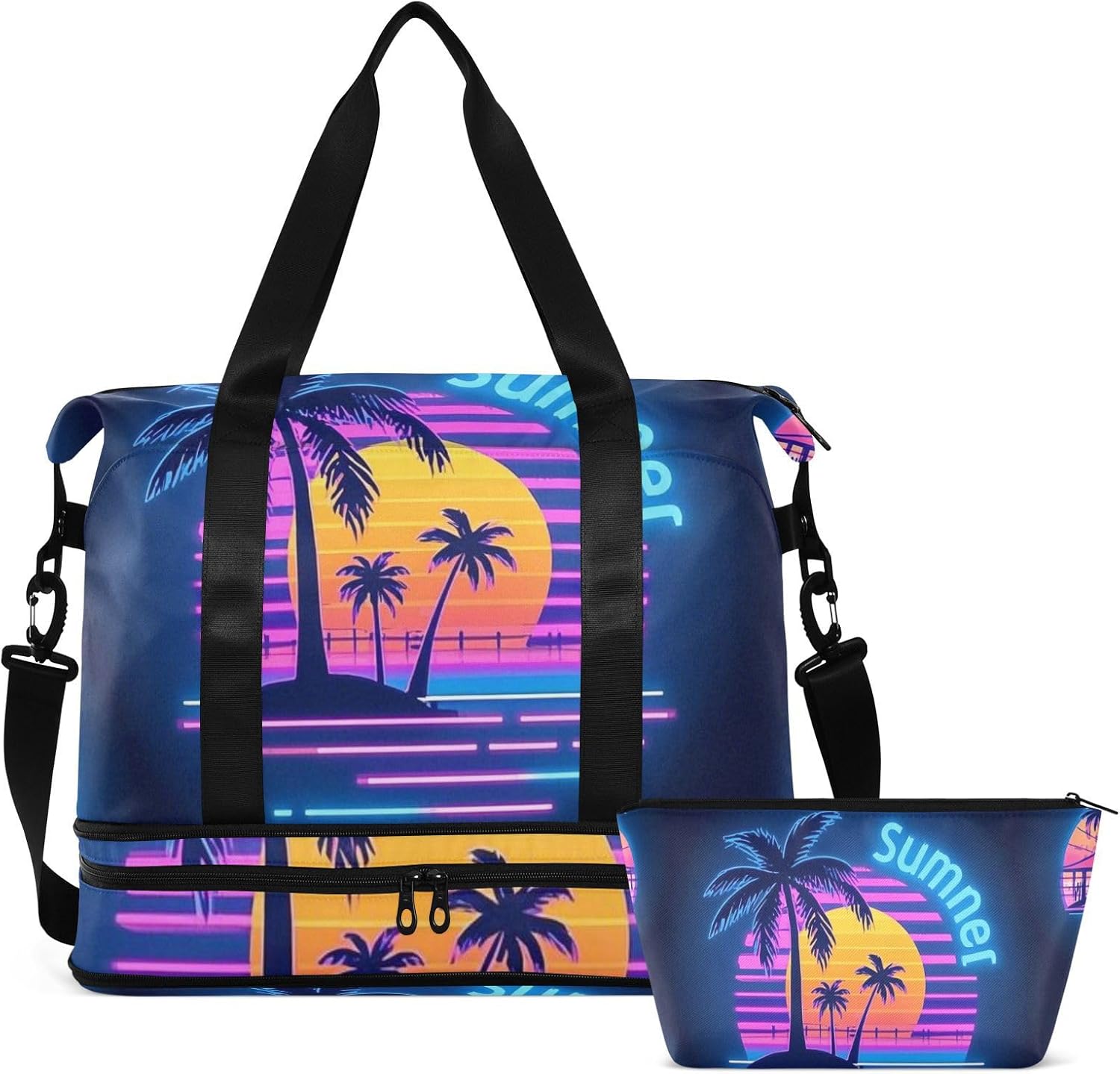 Summer Neon Coconut Tree Sunset Sports Tote Gym Bag Overnight Bag with Toiletry Bag for Sports Multifunctional