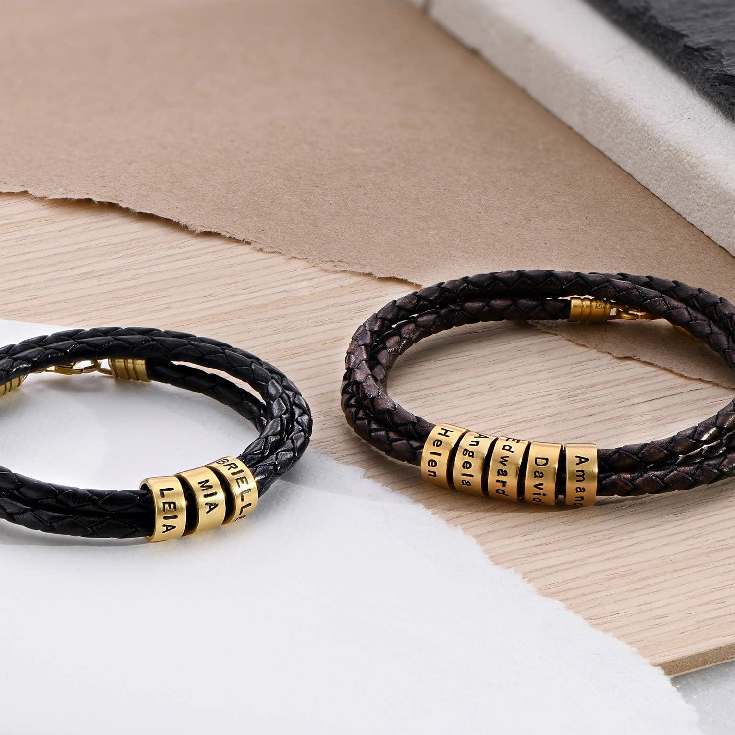 MyNameNecklace Personalized Braided Leather Bracelet with Silver or Gold Beads for Him, Men - Custom Gift for Father's Day - Genuine Leather - Engraved Sterling Silver or 14K Solid Gold Beads