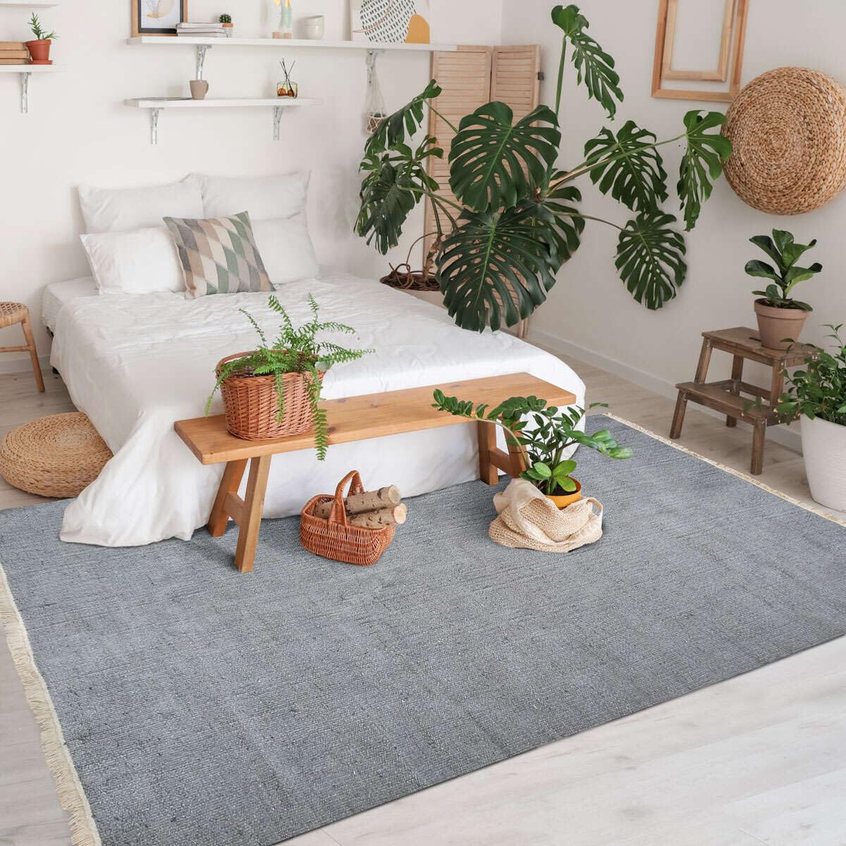 Tapis en jute et coton avec franges gris clair 160x230 - style bohème