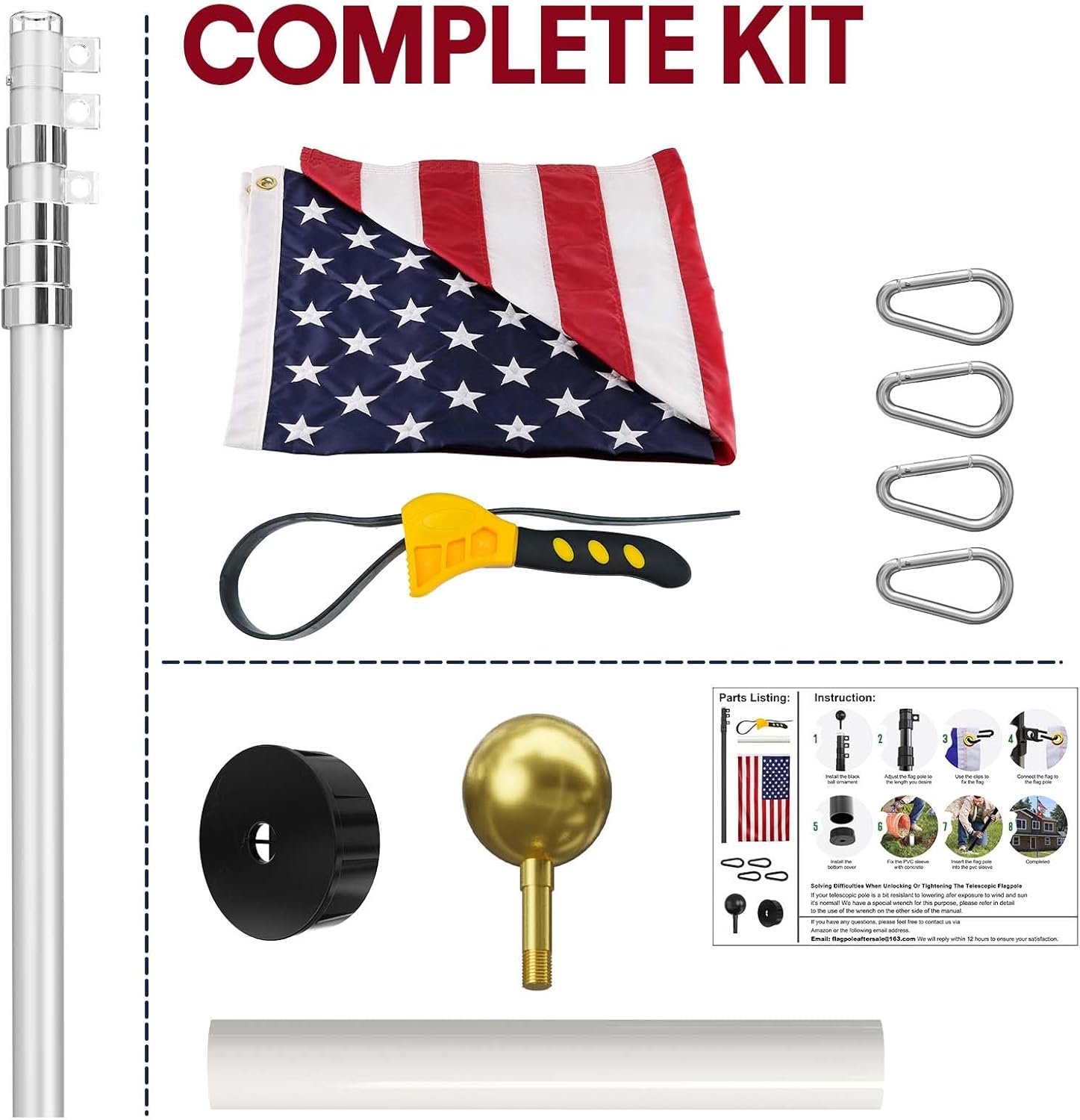 Detailed view of the IIOPE flag pole kit contents